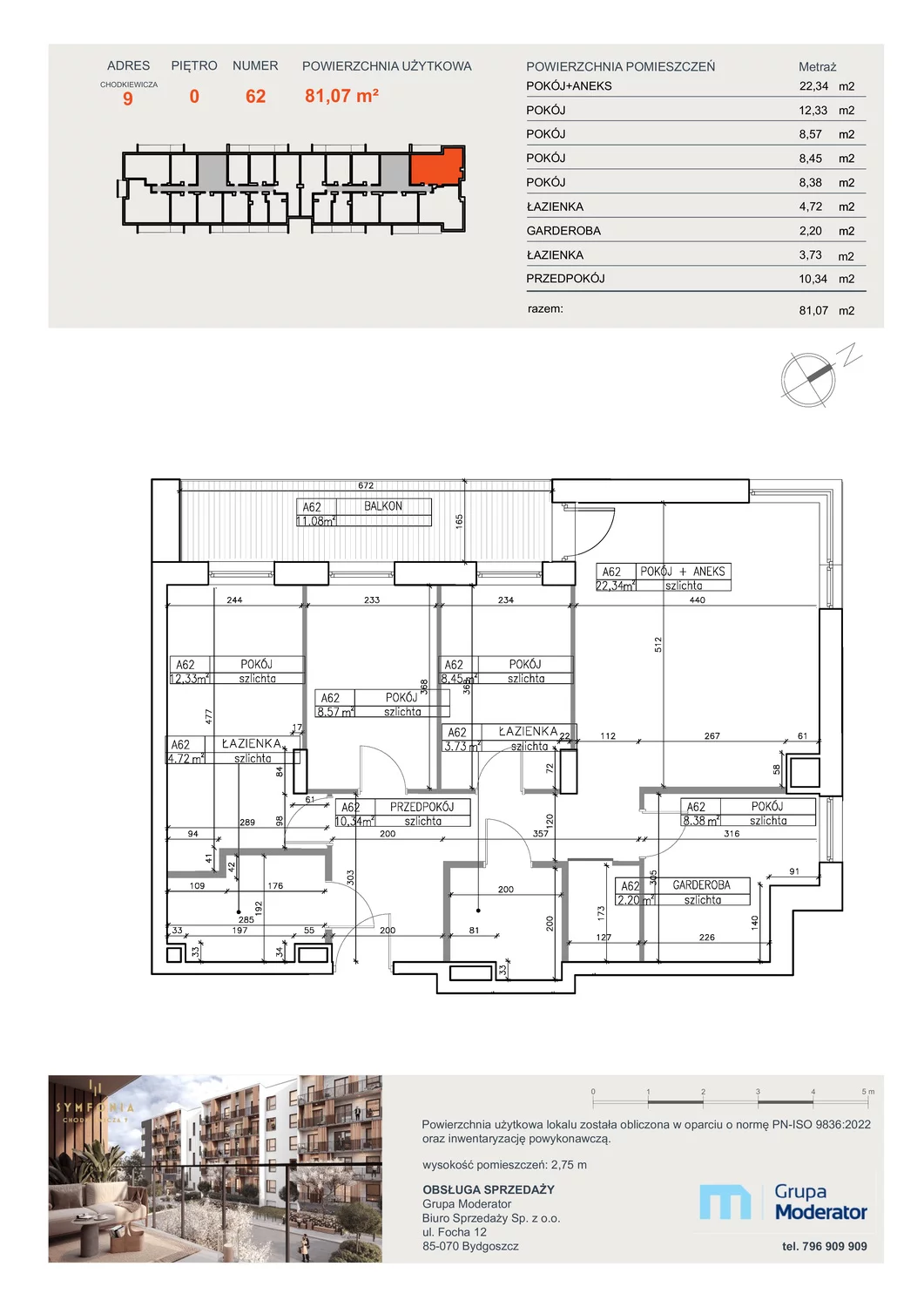 5 pokoi, apartament 81,07 m², parter, oferta nr A62, Osiedle Symfonia, Bydgoszcz, Bielawy, ul. Jana Karola Chodkiewicza 9