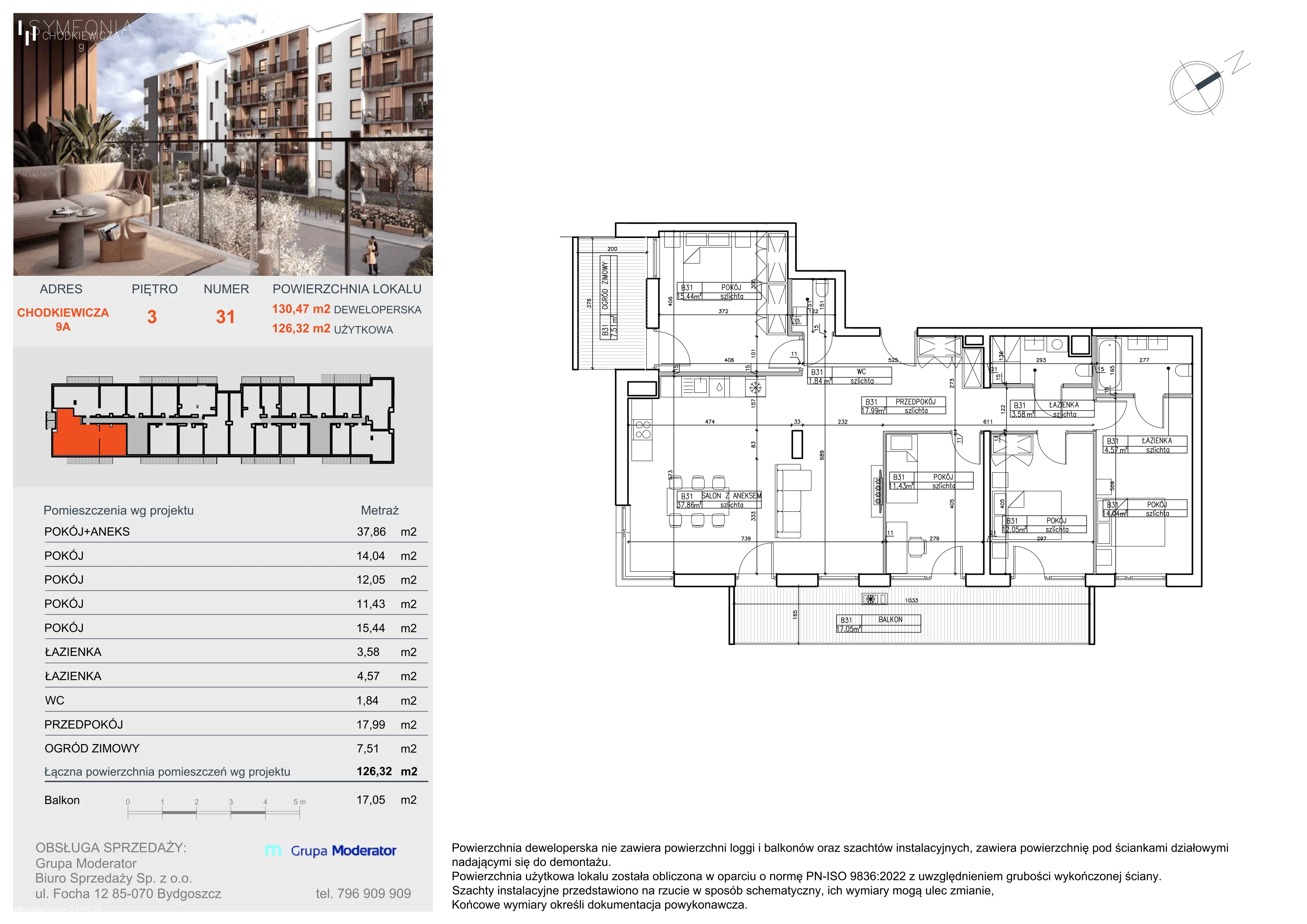 5 pokoi, mieszkanie 126,32 m², piętro 3, oferta nr B31, Osiedle Symfonia, Bydgoszcz, Bielawy, ul. Jana Karola Chodkiewicza 9