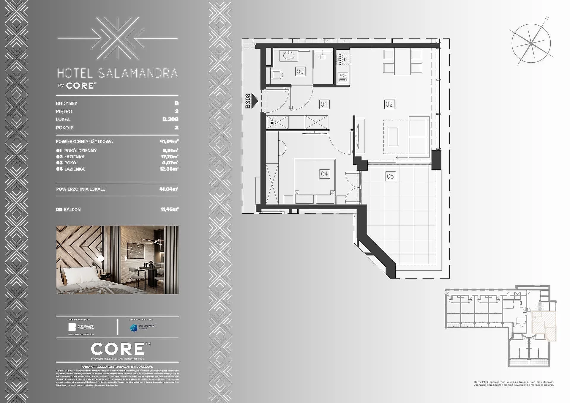 2 pokoje, apartament inwestycyjny 41,04 m², piętro 3, oferta nr B308, Hotel Salamandra, Kościelisko, ul. Salamandra 30