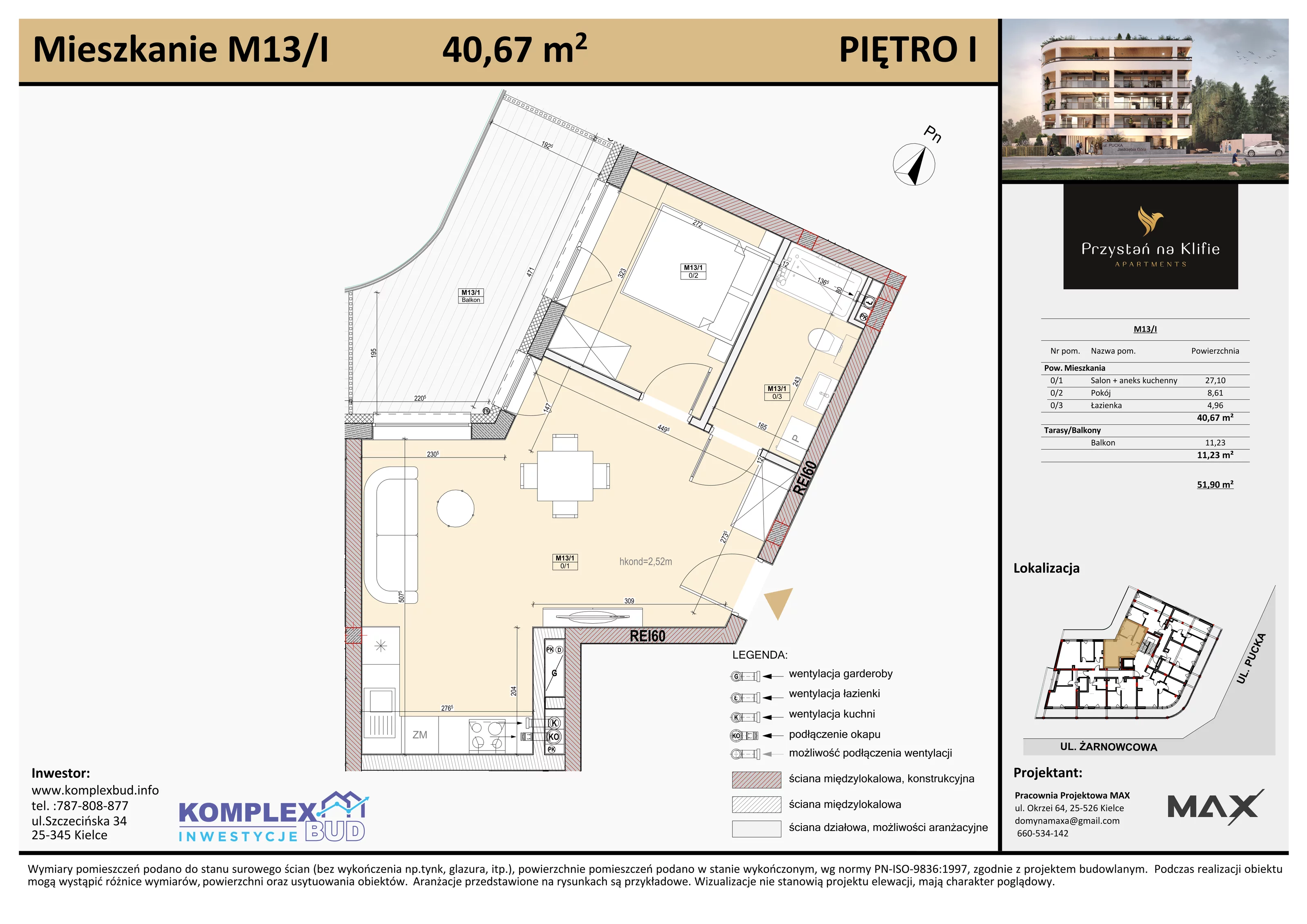 2 pokoje, apartament 40,67 m², piętro 1, oferta nr M13, Przystań na Klifie, Jastrzębia Góra, ul. Pucka