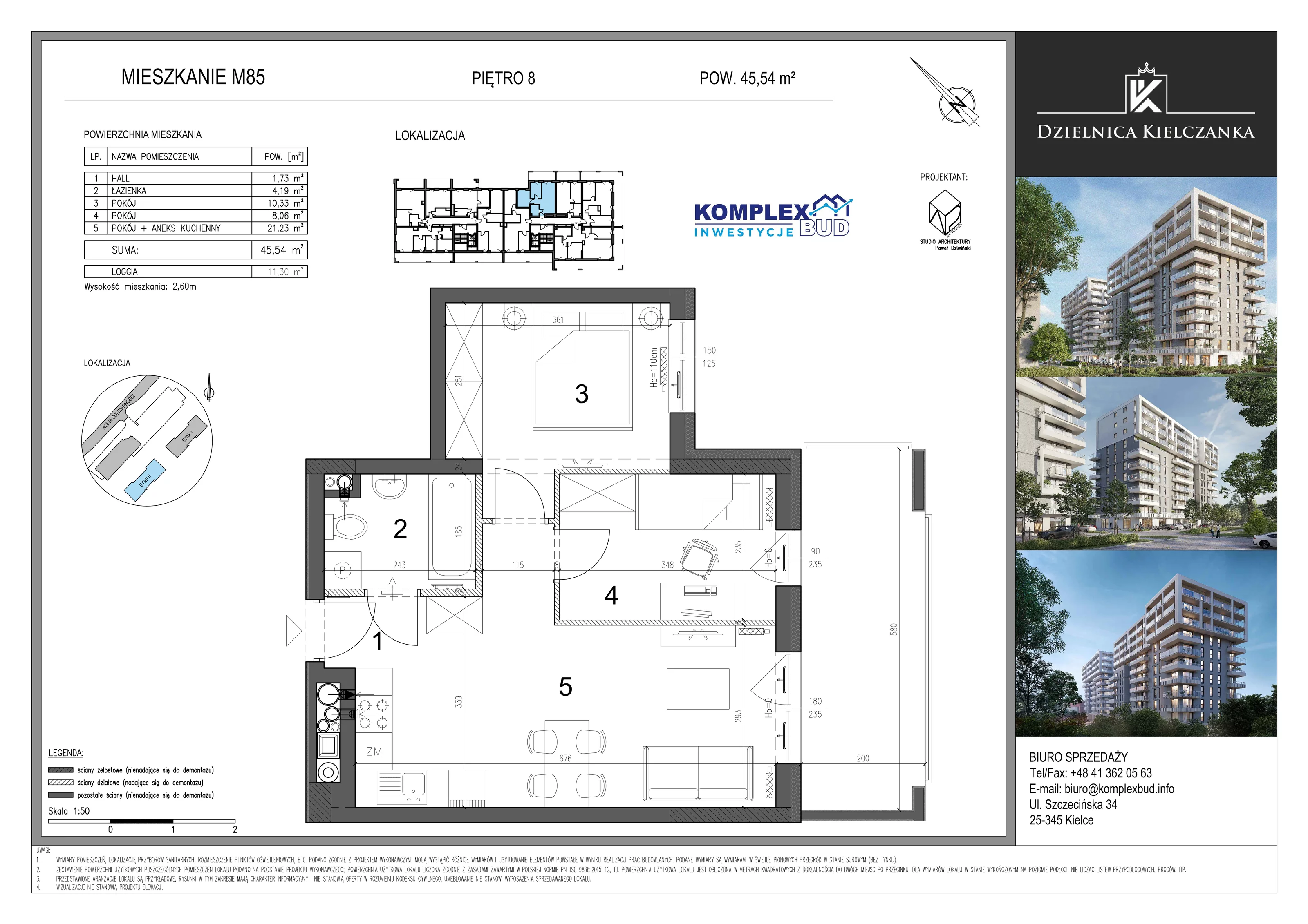 Mieszkanie 45,54 m², piętro 8, oferta nr 85, Dzielnica Kielczanka II, Kielce, Nowy Folwark, ul. Solidarności 22