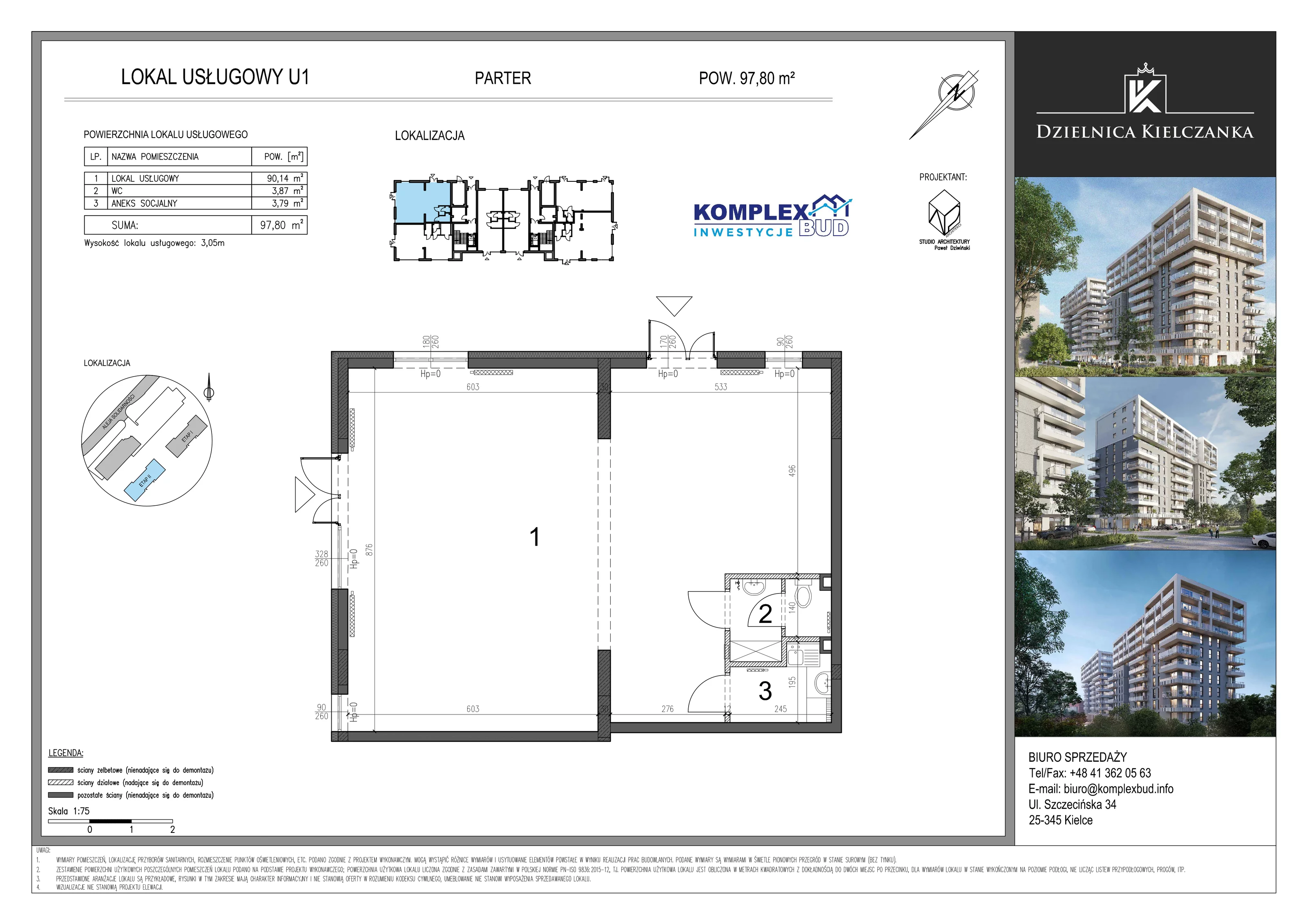 Lokal użytkowy 97,80 m², oferta nr LU 1, Osiedle Dzielnica Kielczanka II - lokale użytkowe, Kielce, Nowy Folwark, ul. Solidarności 22