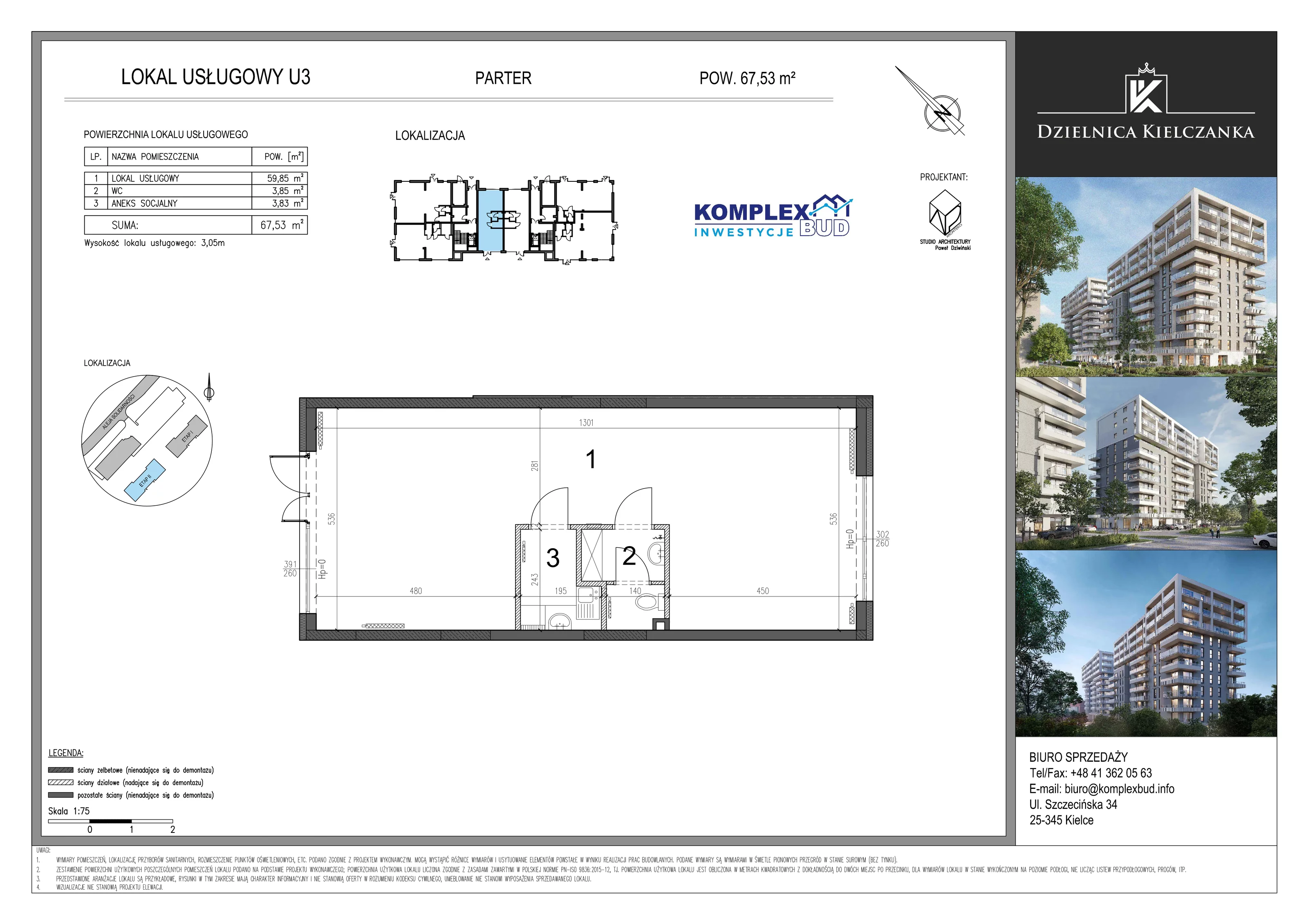 Lokal użytkowy 67,53 m², oferta nr LU 3 , Osiedle Dzielnica Kielczanka II - lokale użytkowe, Kielce, Nowy Folwark, ul. Solidarności 22