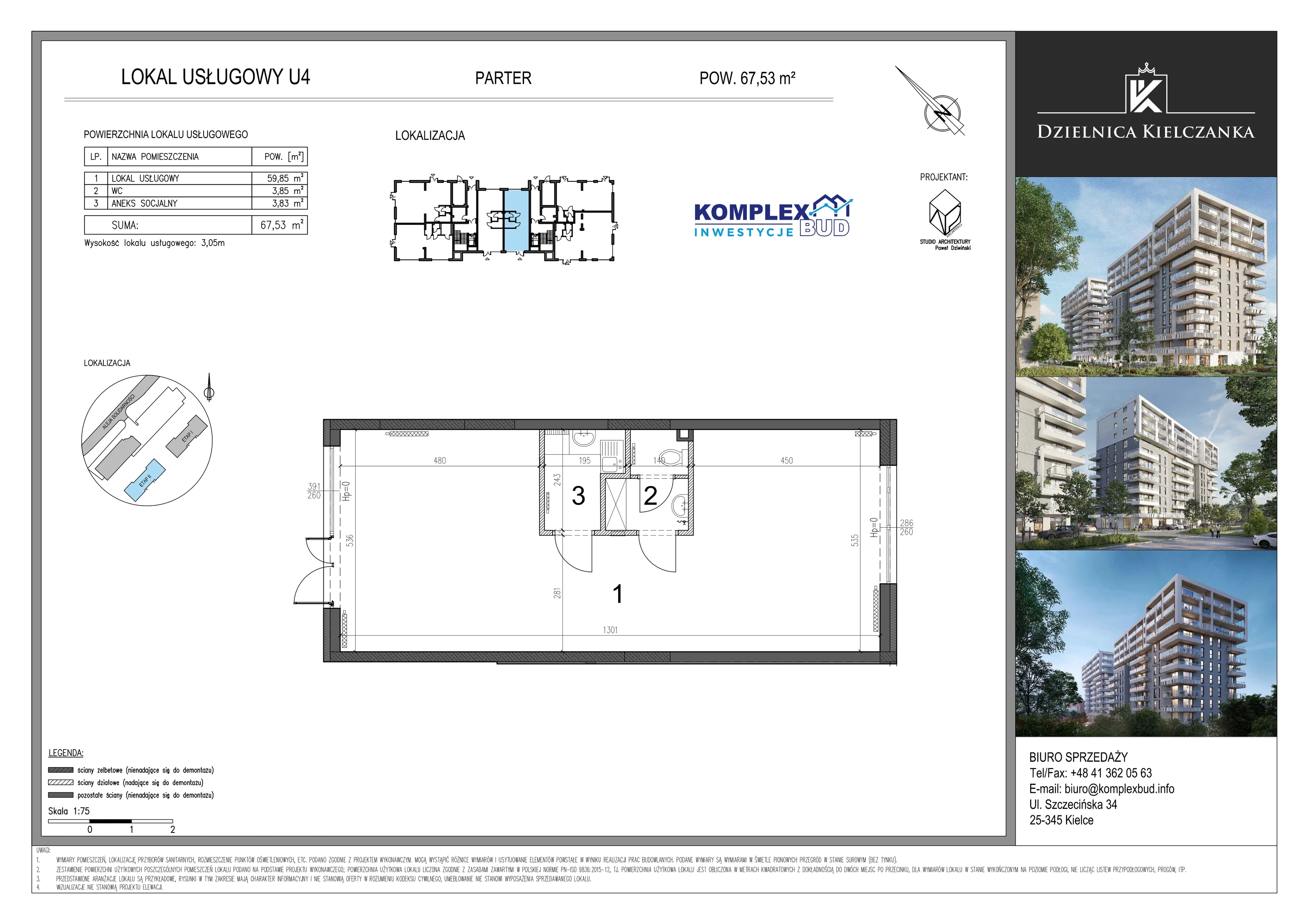 Lokal użytkowy 67,53 m², oferta nr LU 4, Osiedle Dzielnica Kielczanka II - lokale użytkowe, Kielce, Nowy Folwark, ul. Solidarności 22