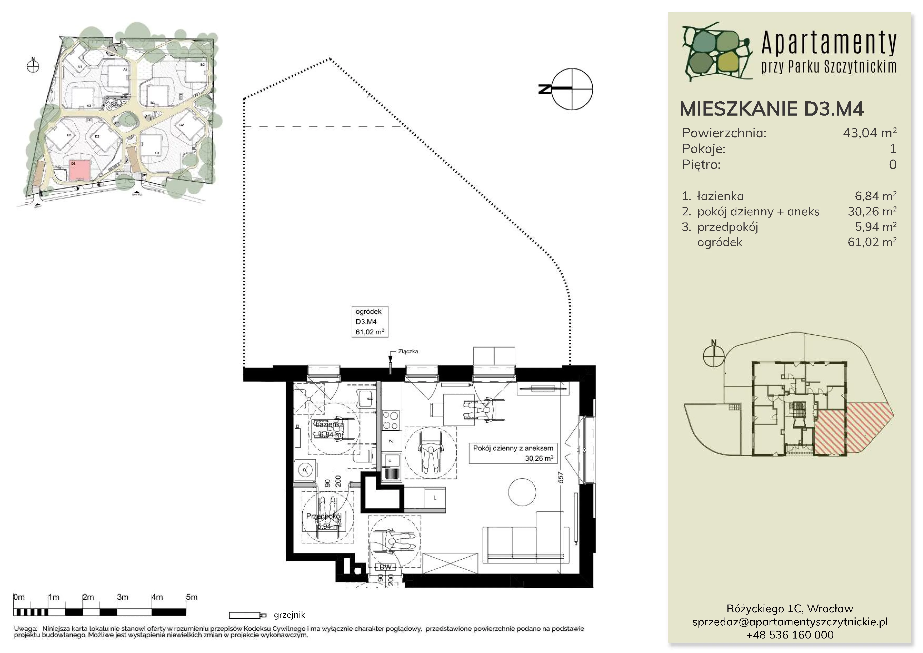 1 pokój, mieszkanie 43,05 m², parter, oferta nr D3.M4, Apartamenty przy Parku Szczytnickim, Wrocław, Zacisze-Zalesie-Szczytniki, Śródmieście, al. Ludomira Różyckiego 1C