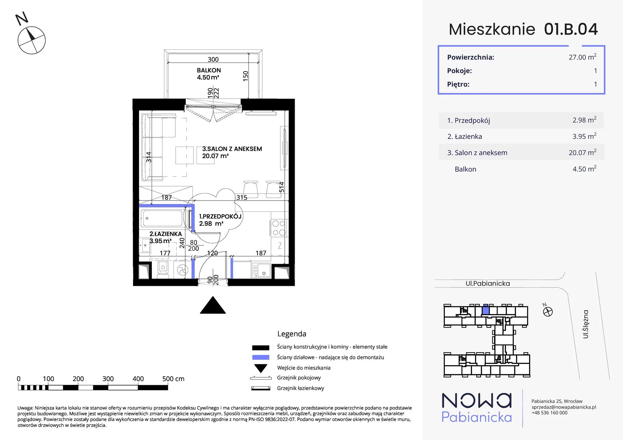 Mieszkanie 27,00 m², piętro 1, oferta nr 01.B.04, Nowa Pabianicka, Wrocław, Krzyki-Partynice, Krzyki, ul. Pabianicka 25