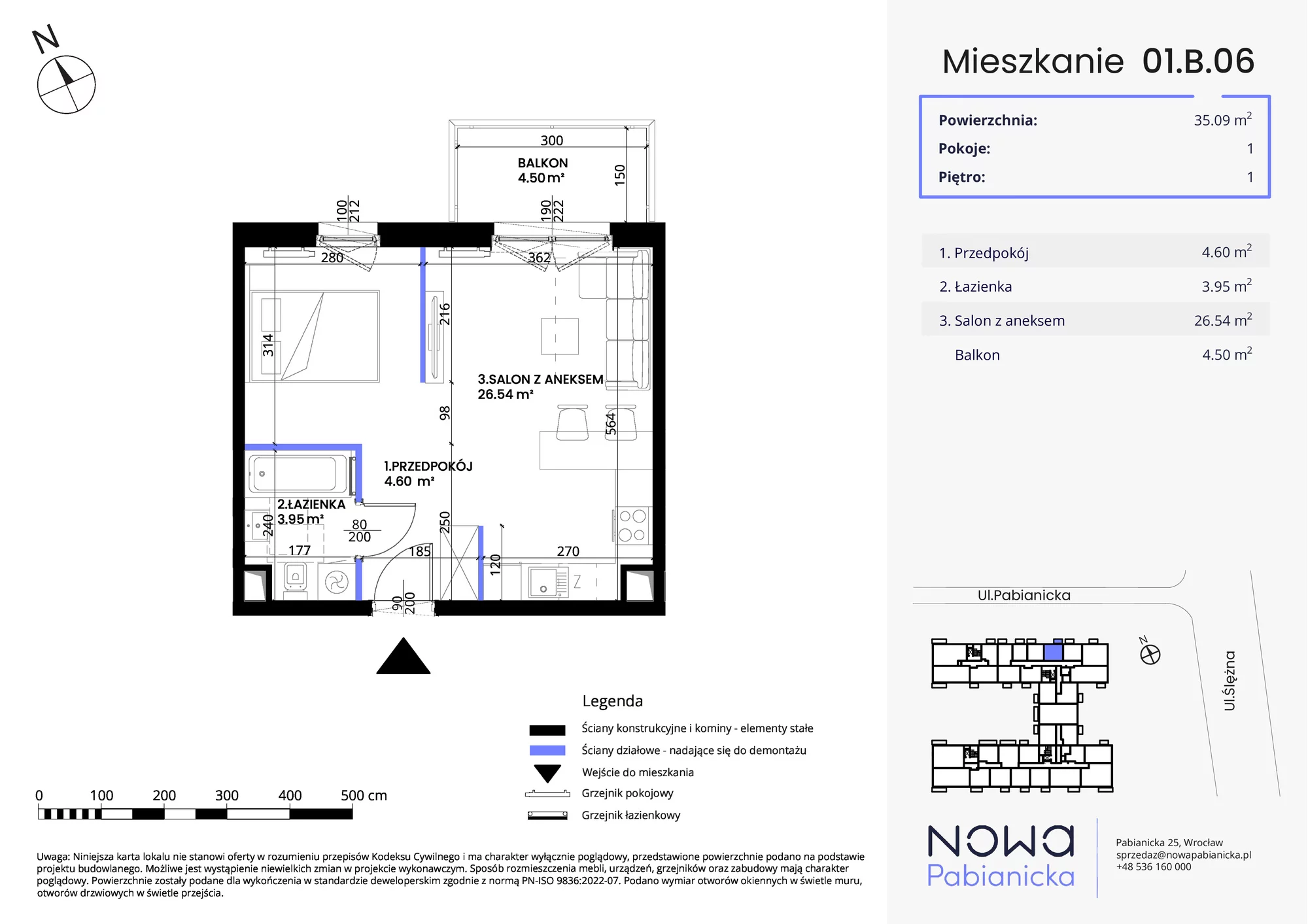 Mieszkanie 35,09 m², piętro 1, oferta nr 01.B.06, Nowa Pabianicka, Wrocław, Krzyki-Partynice, Krzyki, ul. Pabianicka 25