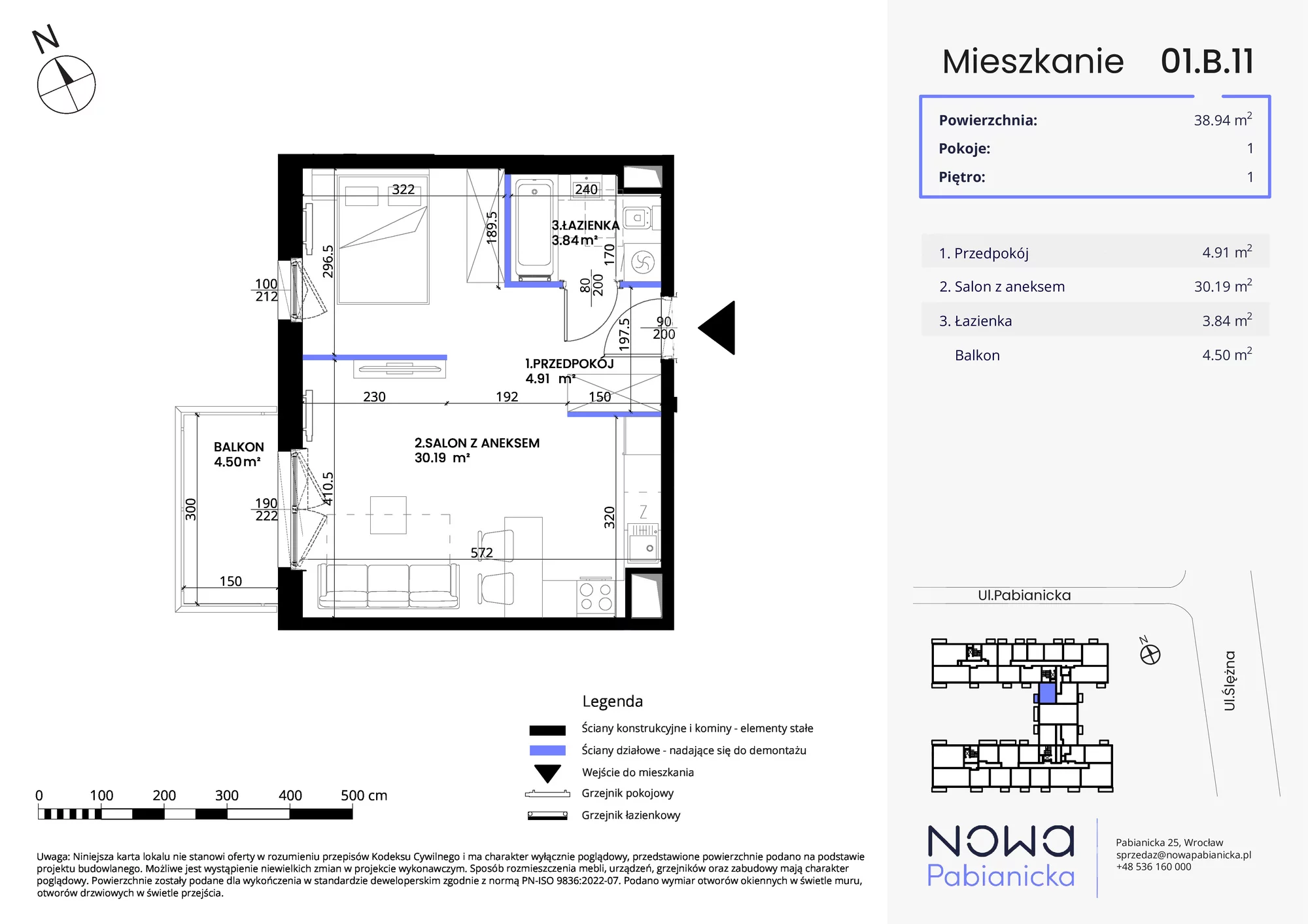 Mieszkanie 38,94 m², piętro 1, oferta nr 01.B.11, Nowa Pabianicka, Wrocław, Krzyki-Partynice, Krzyki, ul. Pabianicka 25