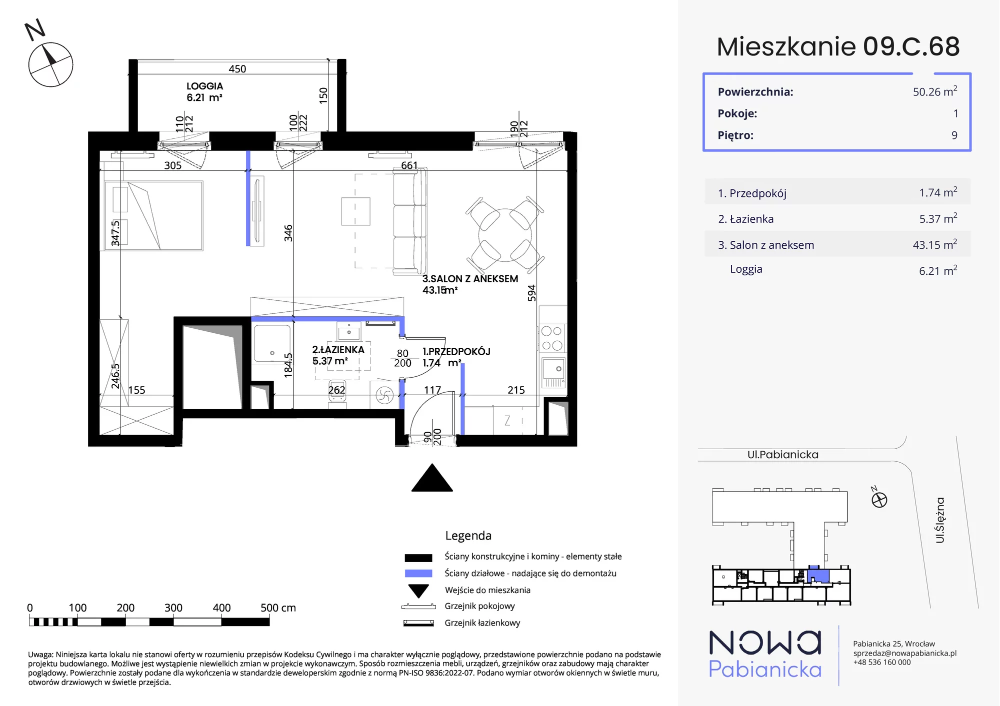 Mieszkanie 50,26 m², piętro 9, oferta nr 09.C.68, Nowa Pabianicka, Wrocław, Krzyki-Partynice, Krzyki, ul. Pabianicka 25