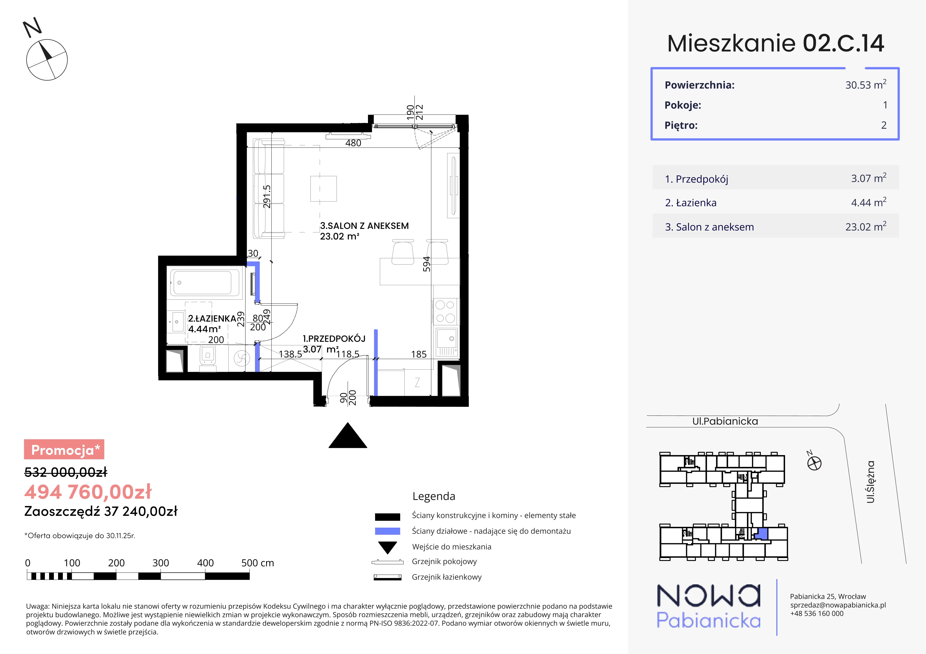 1 pokój, mieszkanie 30,53 m², piętro 2, oferta nr 02.C.14, Nowa Pabianicka, Wrocław, Krzyki-Partynice, Krzyki, ul. Pabianicka 25