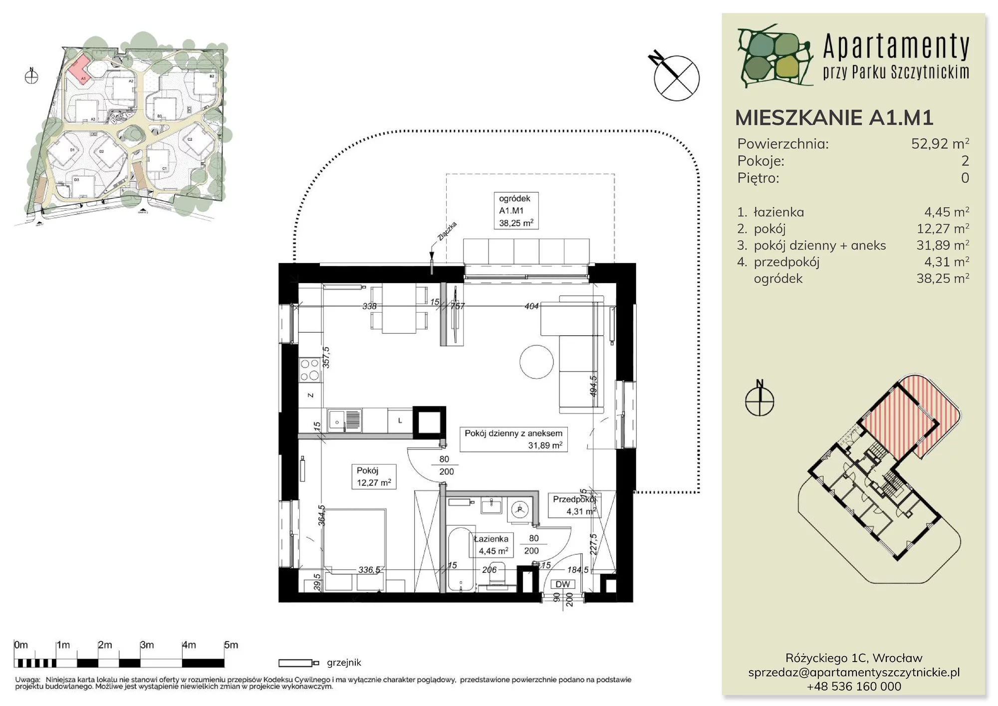 Mieszkanie 52,92 m², parter, oferta nr A1.M1, Apartamenty przy Parku Szczytnickim, Wrocław, Zacisze-Zalesie-Szczytniki, Śródmieście, al. Ludomira Różyckiego 1C