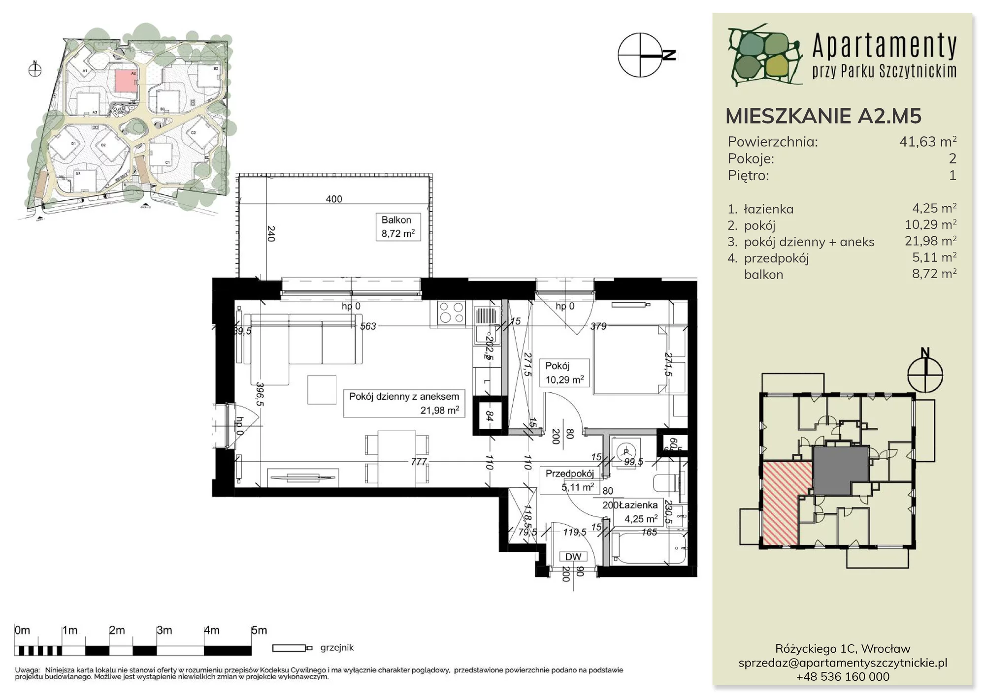 Mieszkanie 41,63 m², piętro 1, oferta nr A2.M5, Apartamenty przy Parku Szczytnickim, Wrocław, Zacisze-Zalesie-Szczytniki, Śródmieście, al. Ludomira Różyckiego 1C