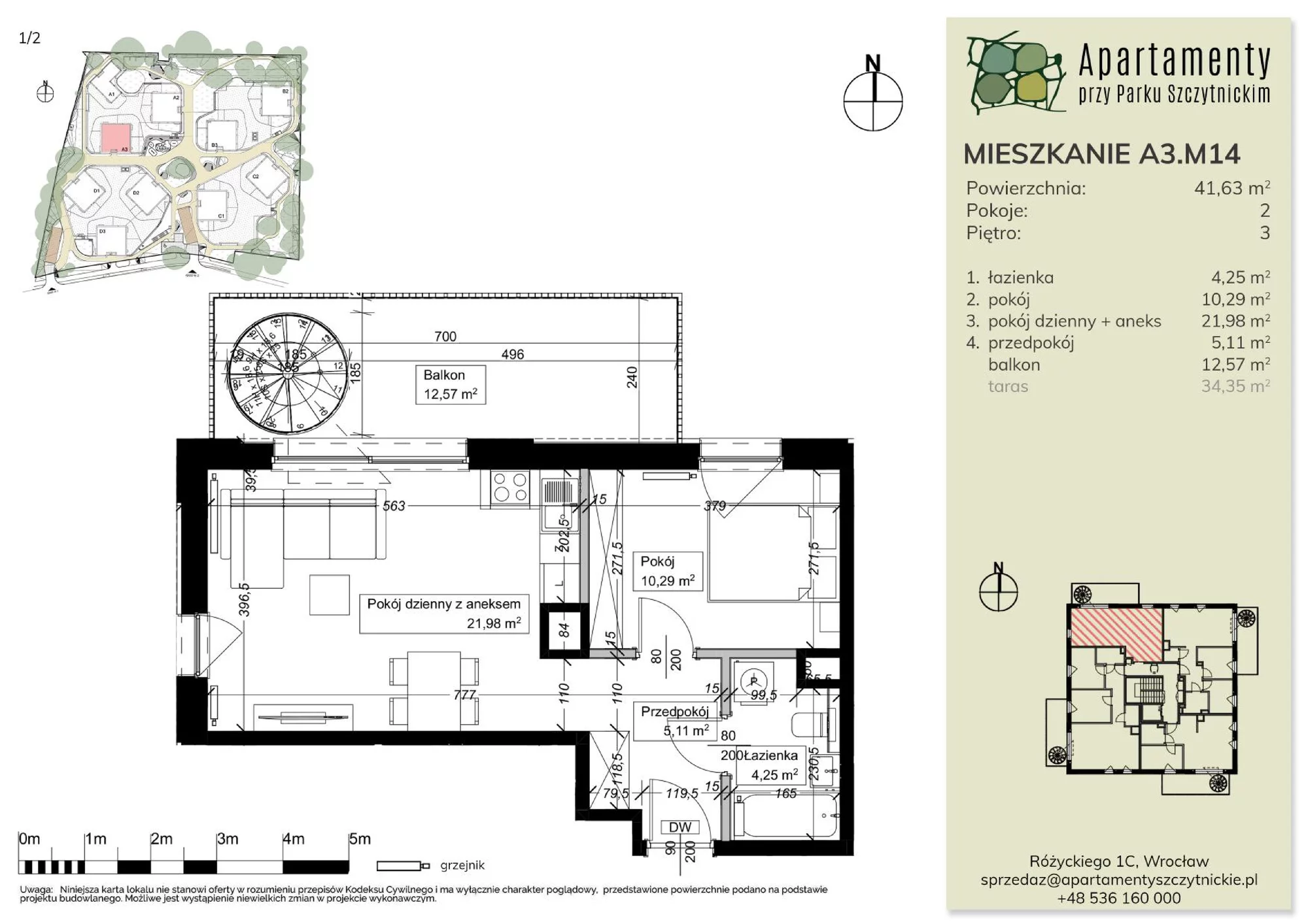 Mieszkanie 41,63 m², piętro 3, oferta nr A3.M14, Apartamenty przy Parku Szczytnickim, Wrocław, Zacisze-Zalesie-Szczytniki, Śródmieście, al. Ludomira Różyckiego 1C