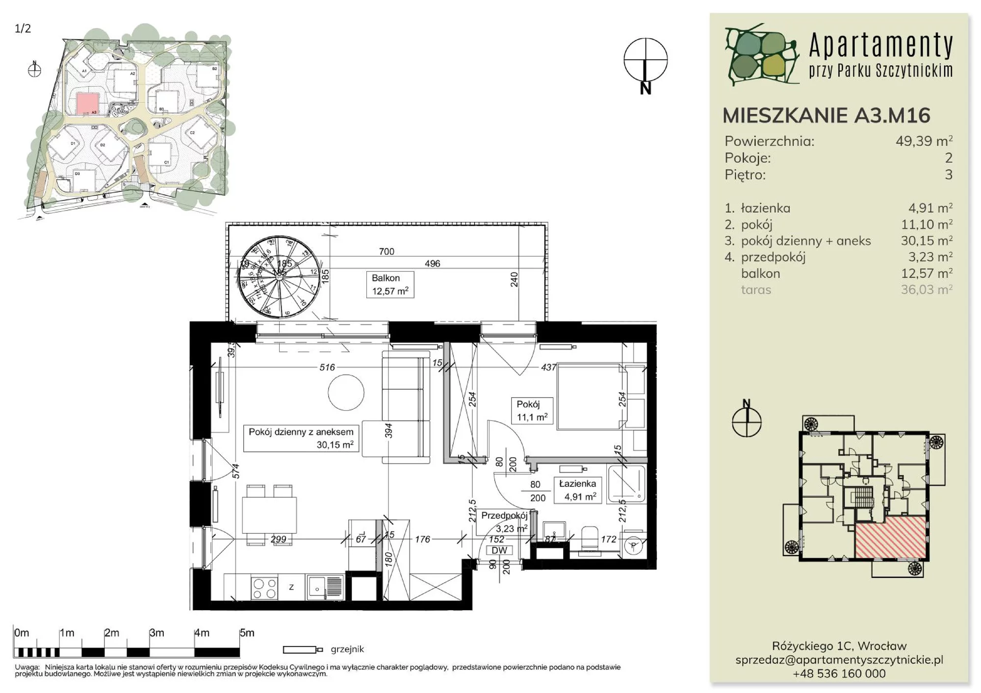 Mieszkanie 49,39 m², piętro 3, oferta nr A3.M16, Apartamenty przy Parku Szczytnickim, Wrocław, Zacisze-Zalesie-Szczytniki, Śródmieście, al. Ludomira Różyckiego 1C