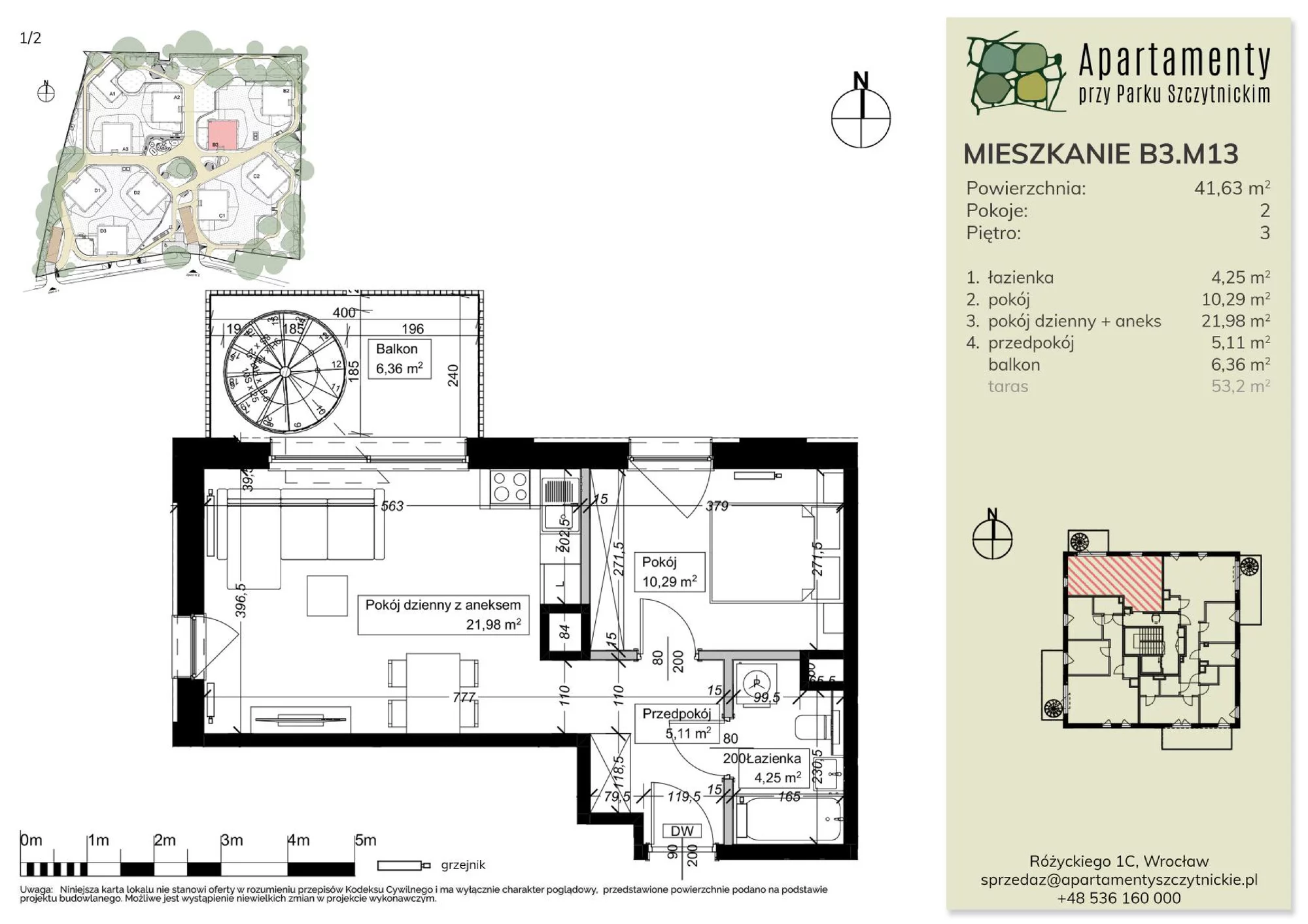 Mieszkanie 41,63 m², piętro 3, oferta nr B3.M13, Apartamenty przy Parku Szczytnickim, Wrocław, Zacisze-Zalesie-Szczytniki, Śródmieście, al. Ludomira Różyckiego 1C