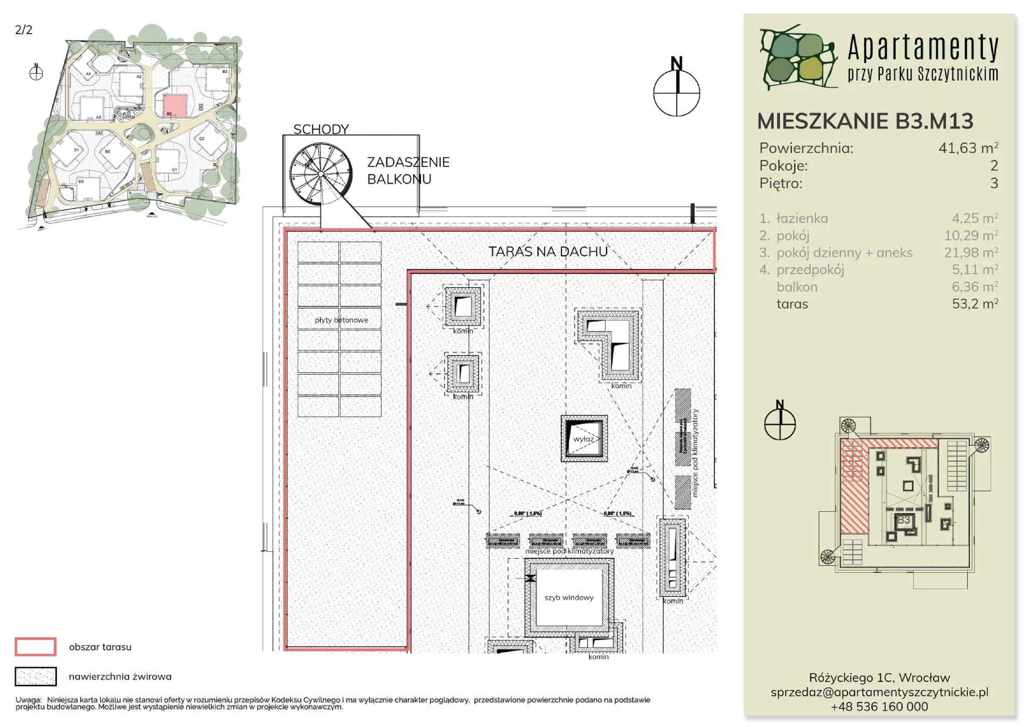 Mieszkanie 41,63 m², piętro 3, oferta nr B3.M13, Apartamenty przy Parku Szczytnickim, Wrocław, Zacisze-Zalesie-Szczytniki, Śródmieście, al. Ludomira Różyckiego 1C