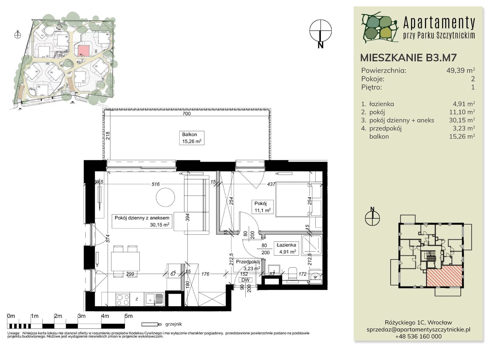 Mieszkanie 49,39 m², piętro 1, oferta nr B3.M7, Apartamenty przy Parku Szczytnickim, Wrocław, Zacisze-Zalesie-Szczytniki, Śródmieście, al. Ludomira Różyckiego 1C