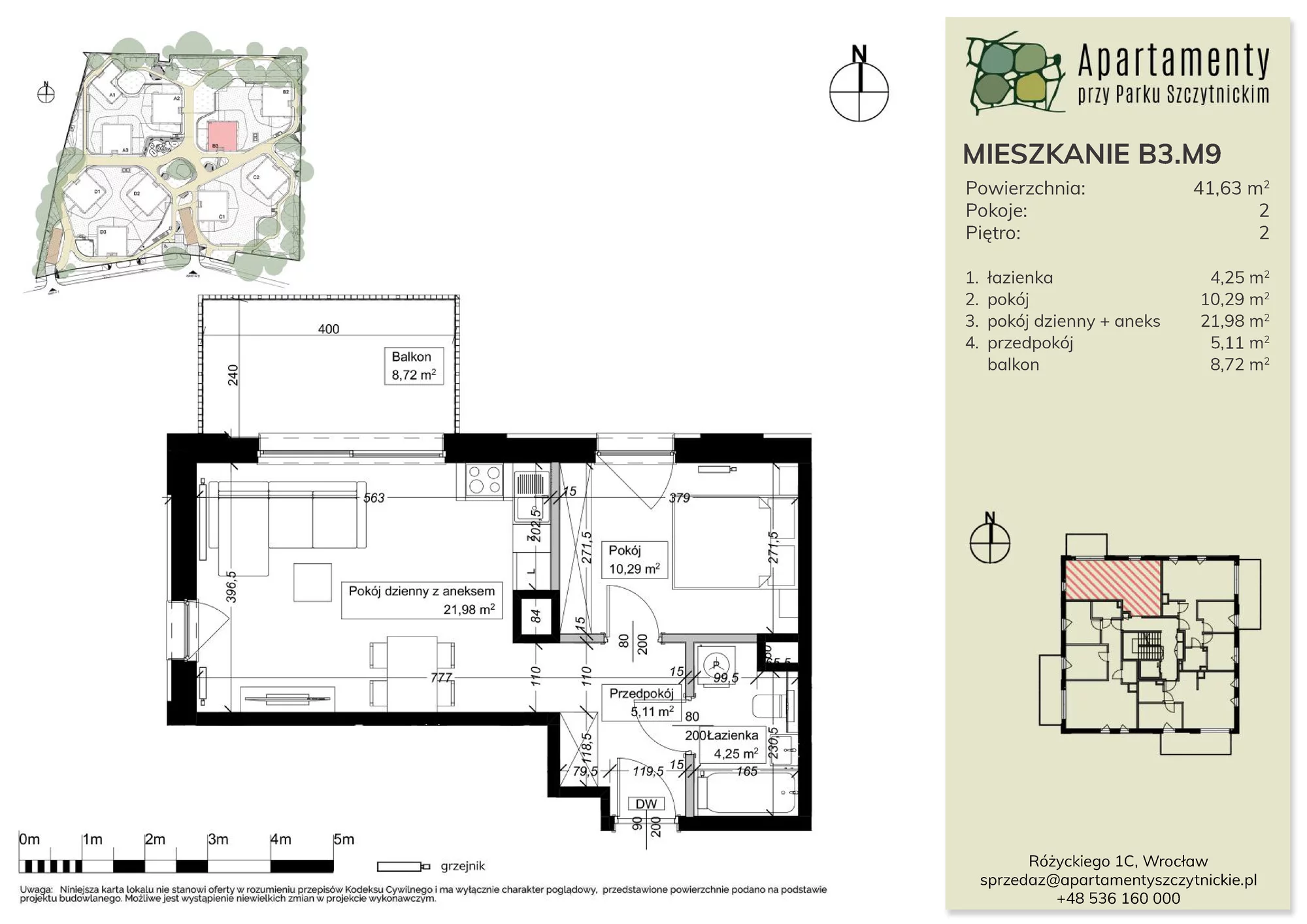 Mieszkanie 41,63 m², piętro 2, oferta nr B3.M9, Apartamenty przy Parku Szczytnickim, Wrocław, Zacisze-Zalesie-Szczytniki, Śródmieście, al. Ludomira Różyckiego 1C