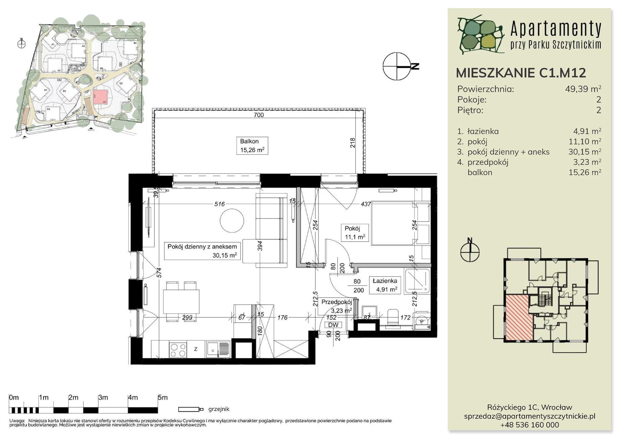 Mieszkanie 49,39 m², piętro 2, oferta nr C1.M12, Apartamenty przy Parku Szczytnickim, Wrocław, Zacisze-Zalesie-Szczytniki, Śródmieście, al. Ludomira Różyckiego 1C