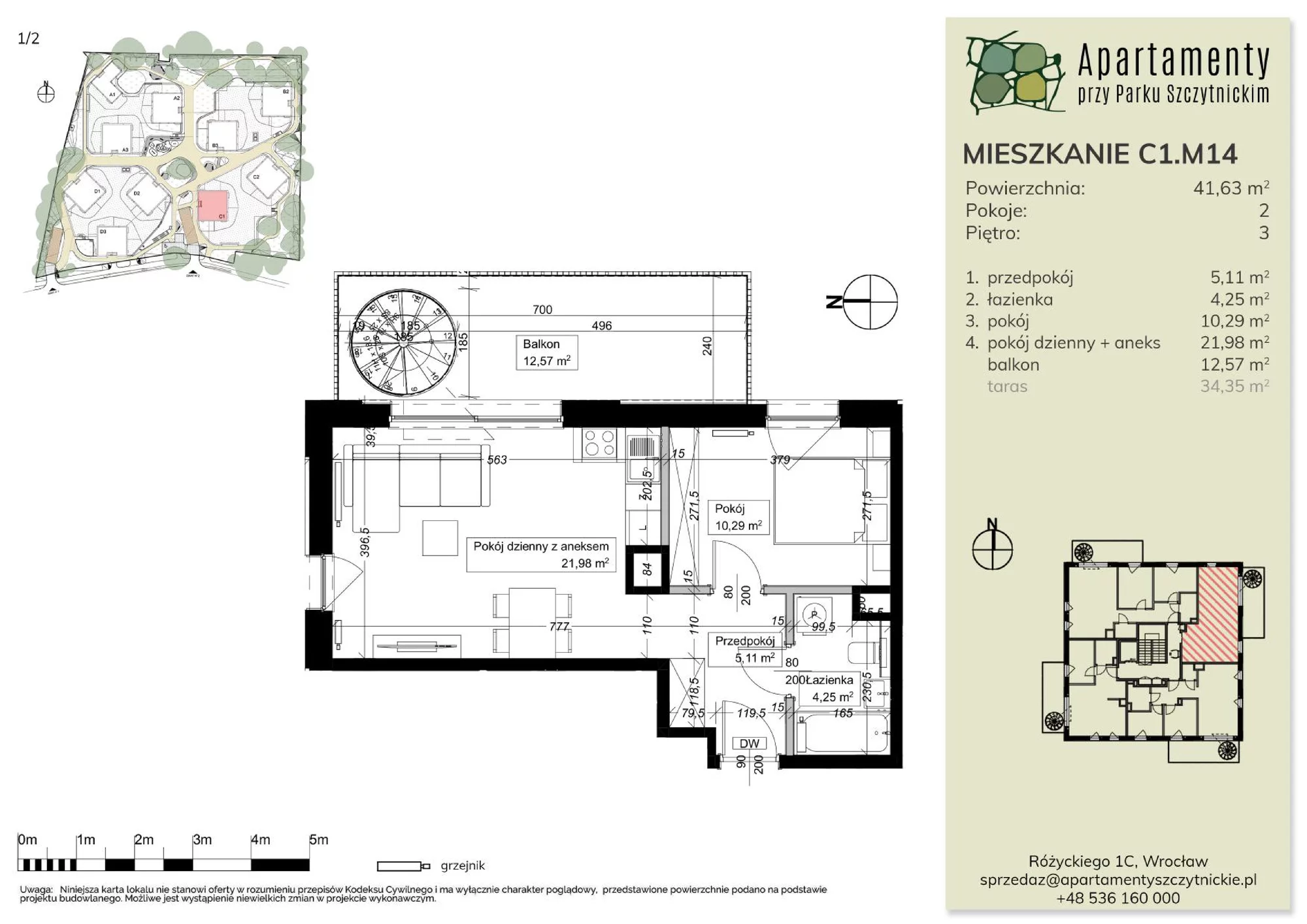 Mieszkanie 41,63 m², piętro 3, oferta nr C1.M14, Apartamenty przy Parku Szczytnickim, Wrocław, Zacisze-Zalesie-Szczytniki, Śródmieście, al. Ludomira Różyckiego 1C