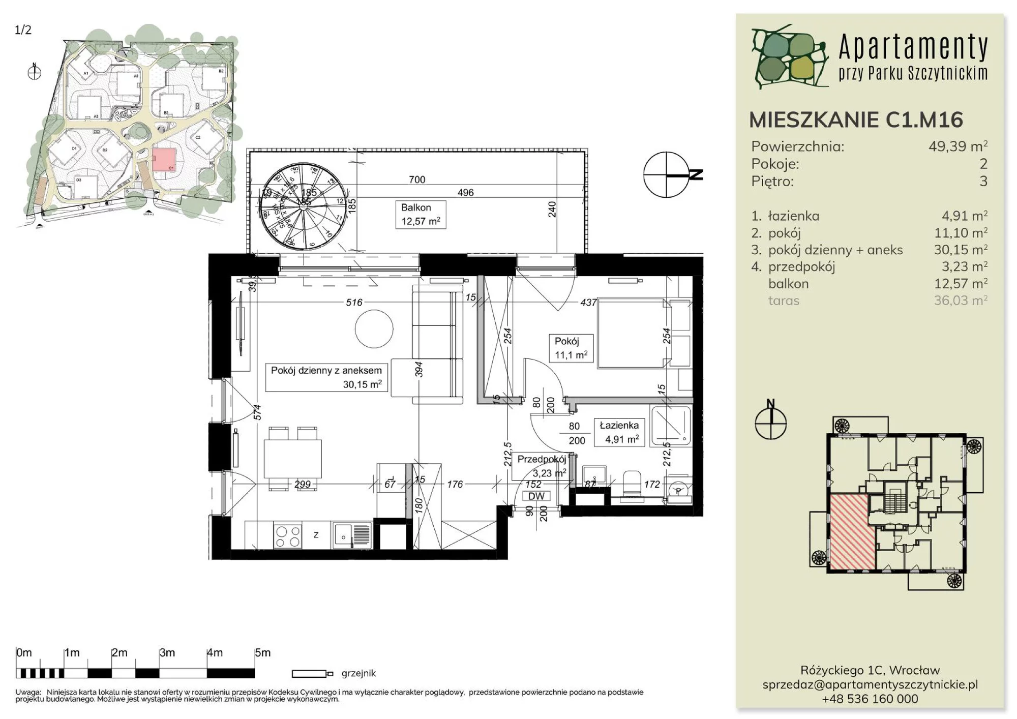 Mieszkanie 49,39 m², piętro 3, oferta nr C1.M16, Apartamenty przy Parku Szczytnickim, Wrocław, Zacisze-Zalesie-Szczytniki, Śródmieście, al. Ludomira Różyckiego 1C