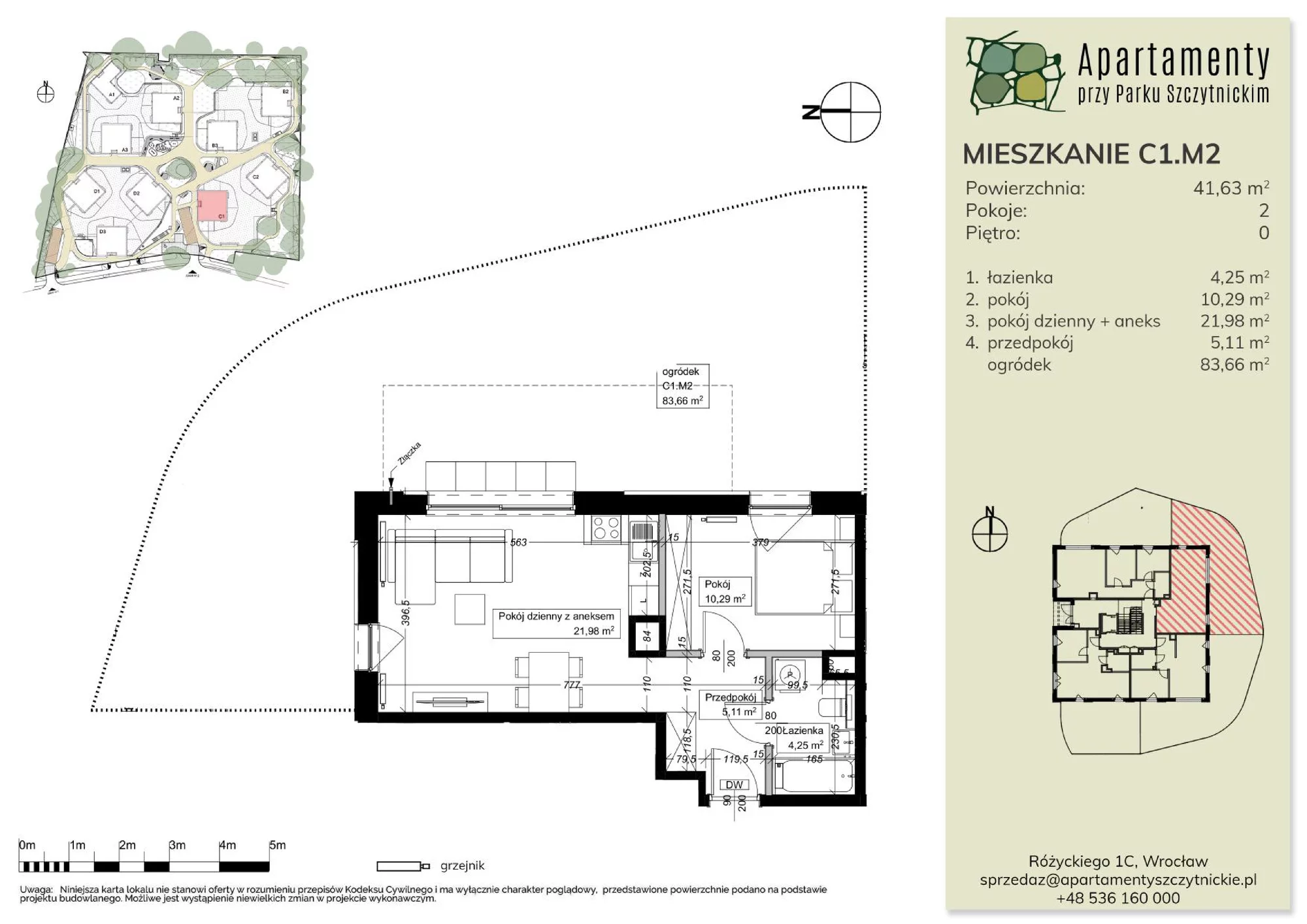 Mieszkanie 41,63 m², parter, oferta nr C1.M2, Apartamenty przy Parku Szczytnickim, Wrocław, Zacisze-Zalesie-Szczytniki, Śródmieście, al. Ludomira Różyckiego 1C