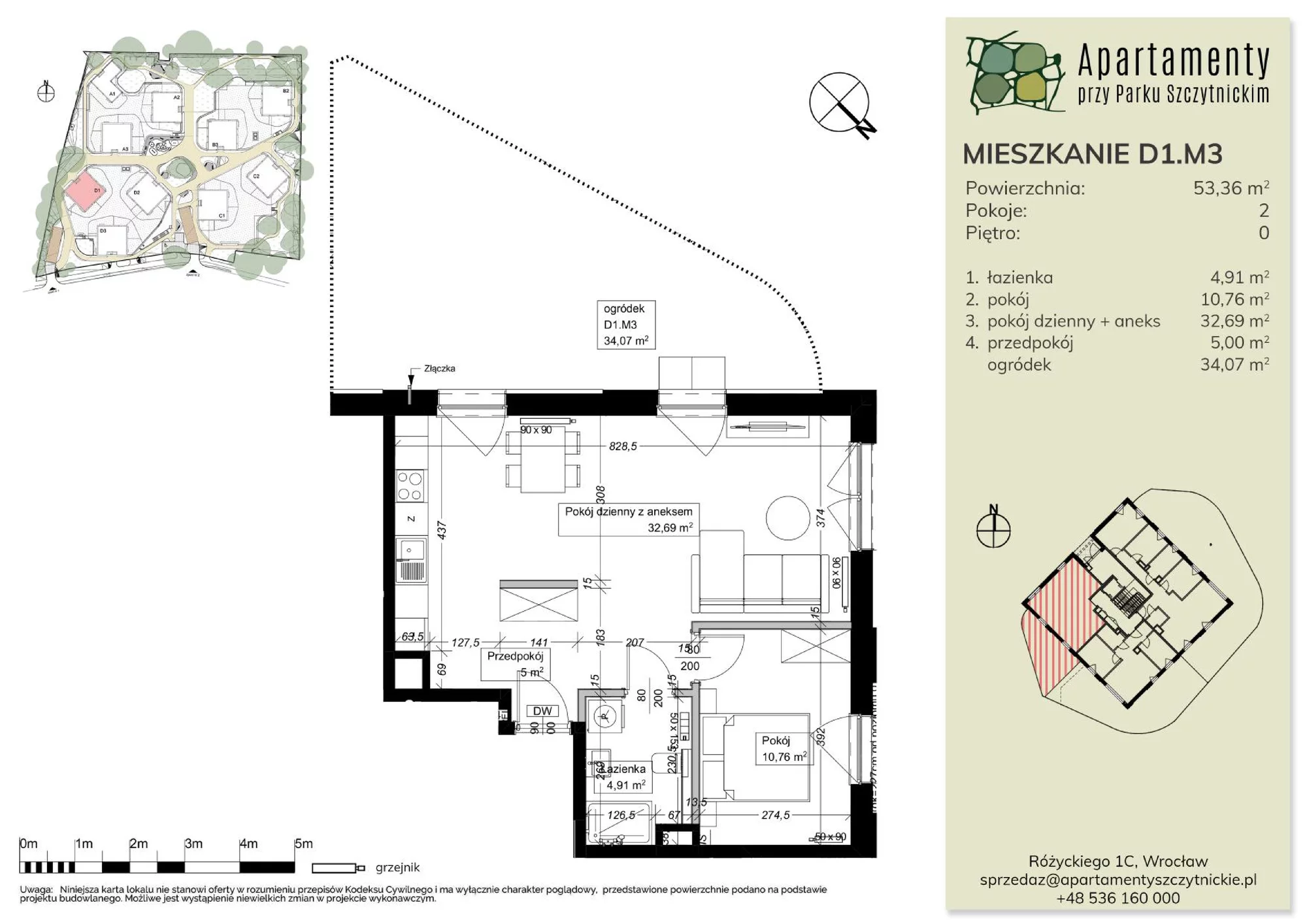 Mieszkanie 53,36 m², parter, oferta nr D1.M3, Apartamenty przy Parku Szczytnickim, Wrocław, Zacisze-Zalesie-Szczytniki, Śródmieście, al. Ludomira Różyckiego 1C