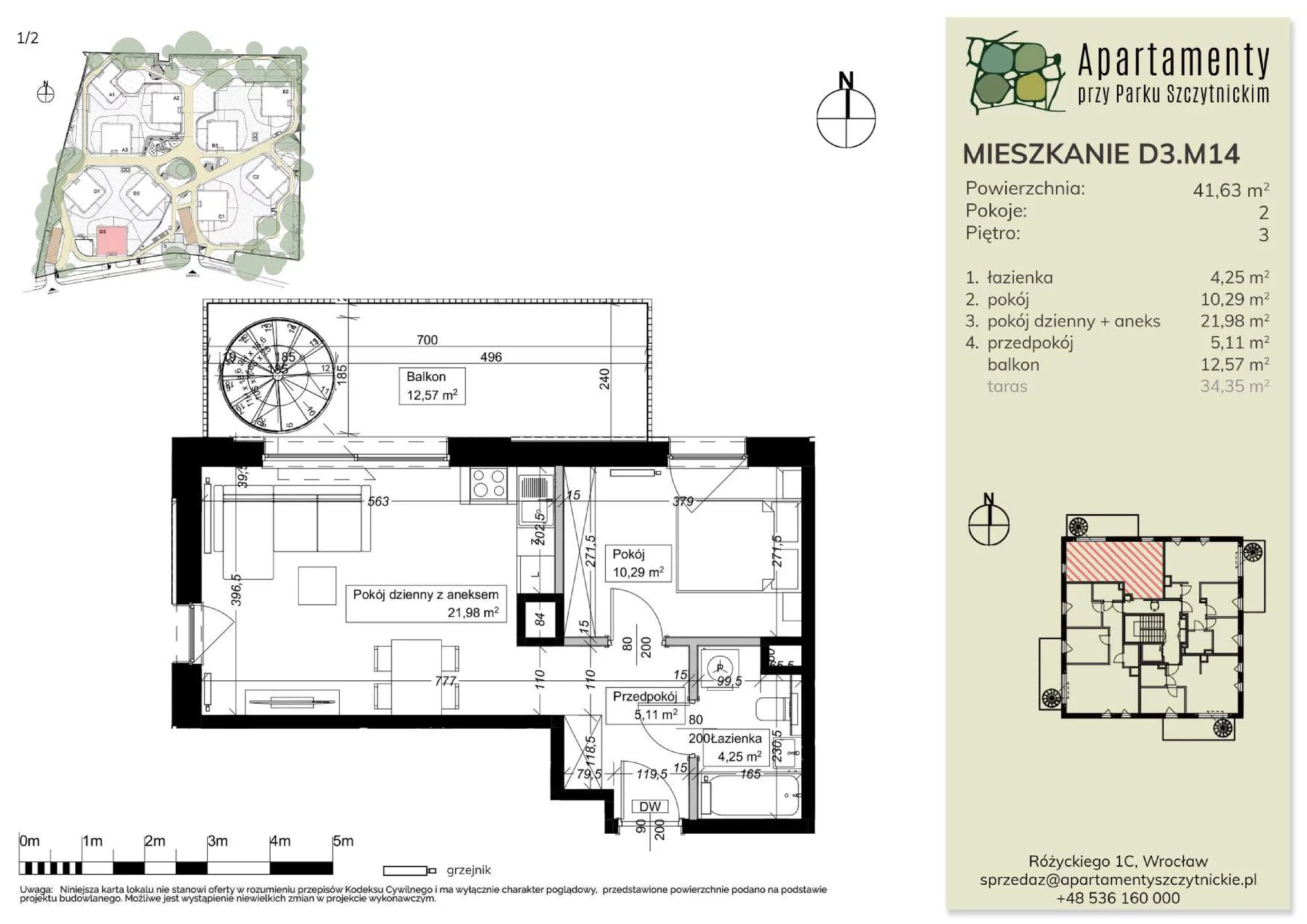 Mieszkanie 41,63 m², piętro 3, oferta nr D3.M14, Apartamenty przy Parku Szczytnickim, Wrocław, Zacisze-Zalesie-Szczytniki, Śródmieście, al. Ludomira Różyckiego 1C