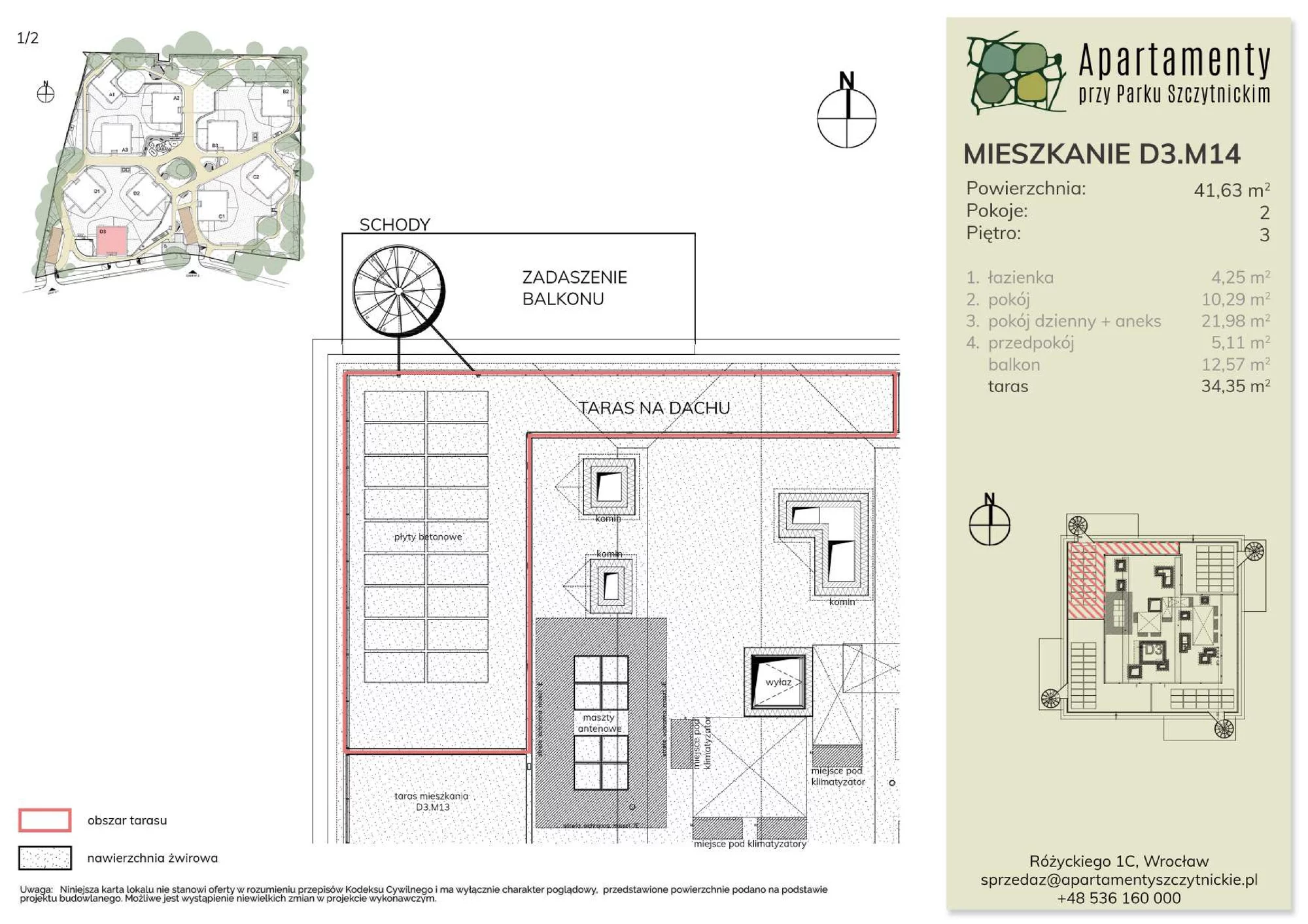 Mieszkanie 41,63 m², piętro 3, oferta nr D3.M14, Apartamenty przy Parku Szczytnickim, Wrocław, Zacisze-Zalesie-Szczytniki, Śródmieście, al. Ludomira Różyckiego 1C