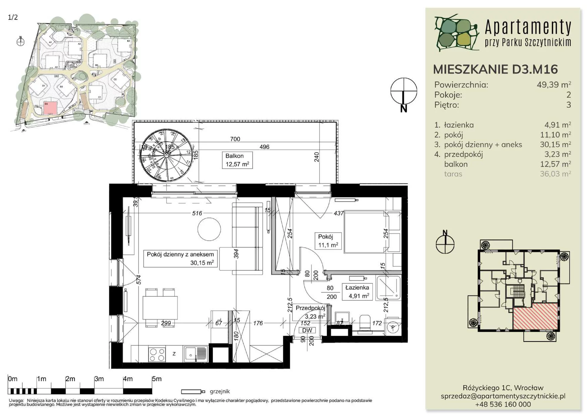 Mieszkanie 49,39 m², piętro 3, oferta nr D3.M16, Apartamenty przy Parku Szczytnickim, Wrocław, Zacisze-Zalesie-Szczytniki, Śródmieście, al. Ludomira Różyckiego 1C