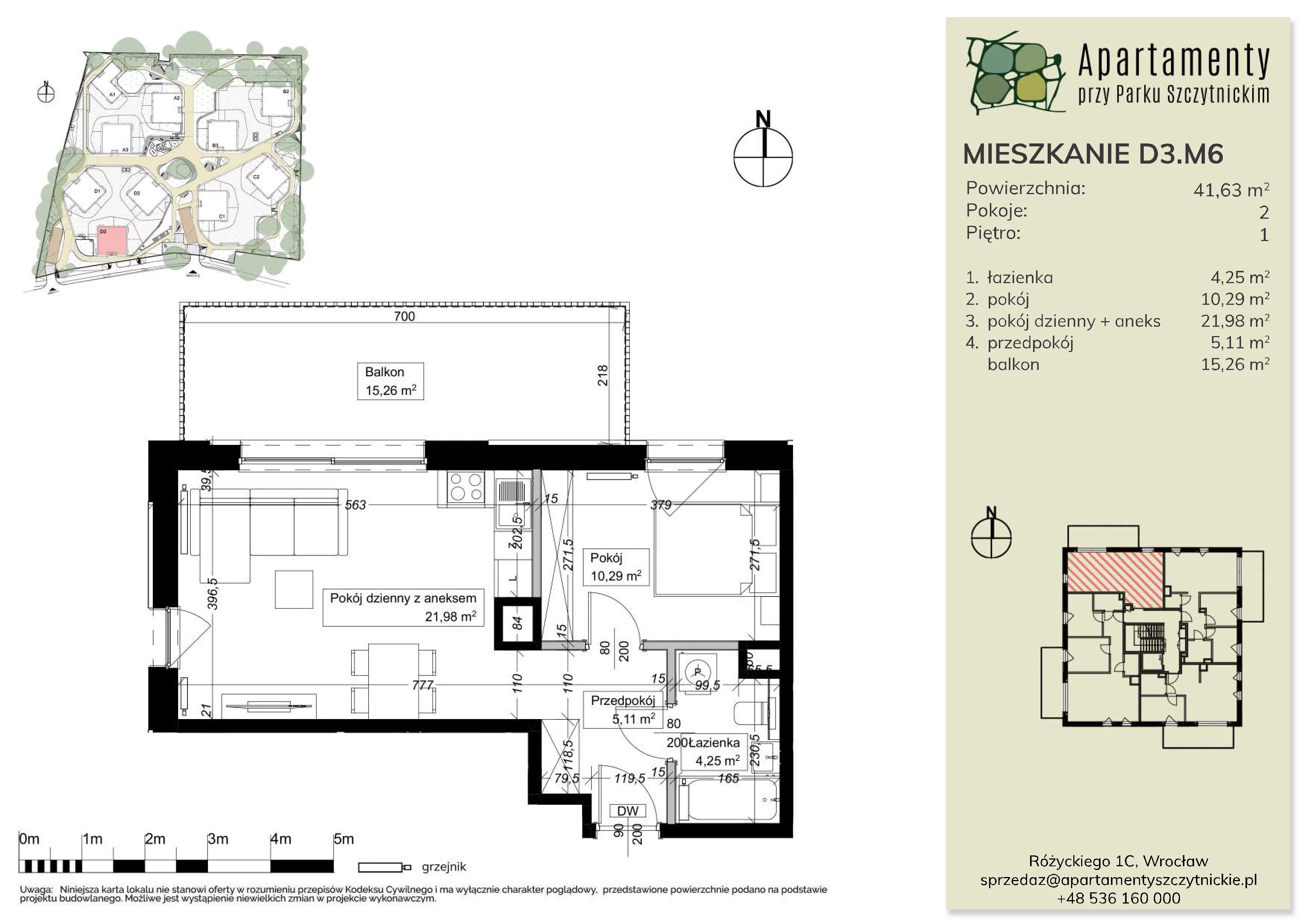 2 pokoje, mieszkanie 41,63 m², piętro 1, oferta nr D3.M6, Apartamenty przy Parku Szczytnickim, Wrocław, Zacisze-Zalesie-Szczytniki, Śródmieście, al. Ludomira Różyckiego 1C