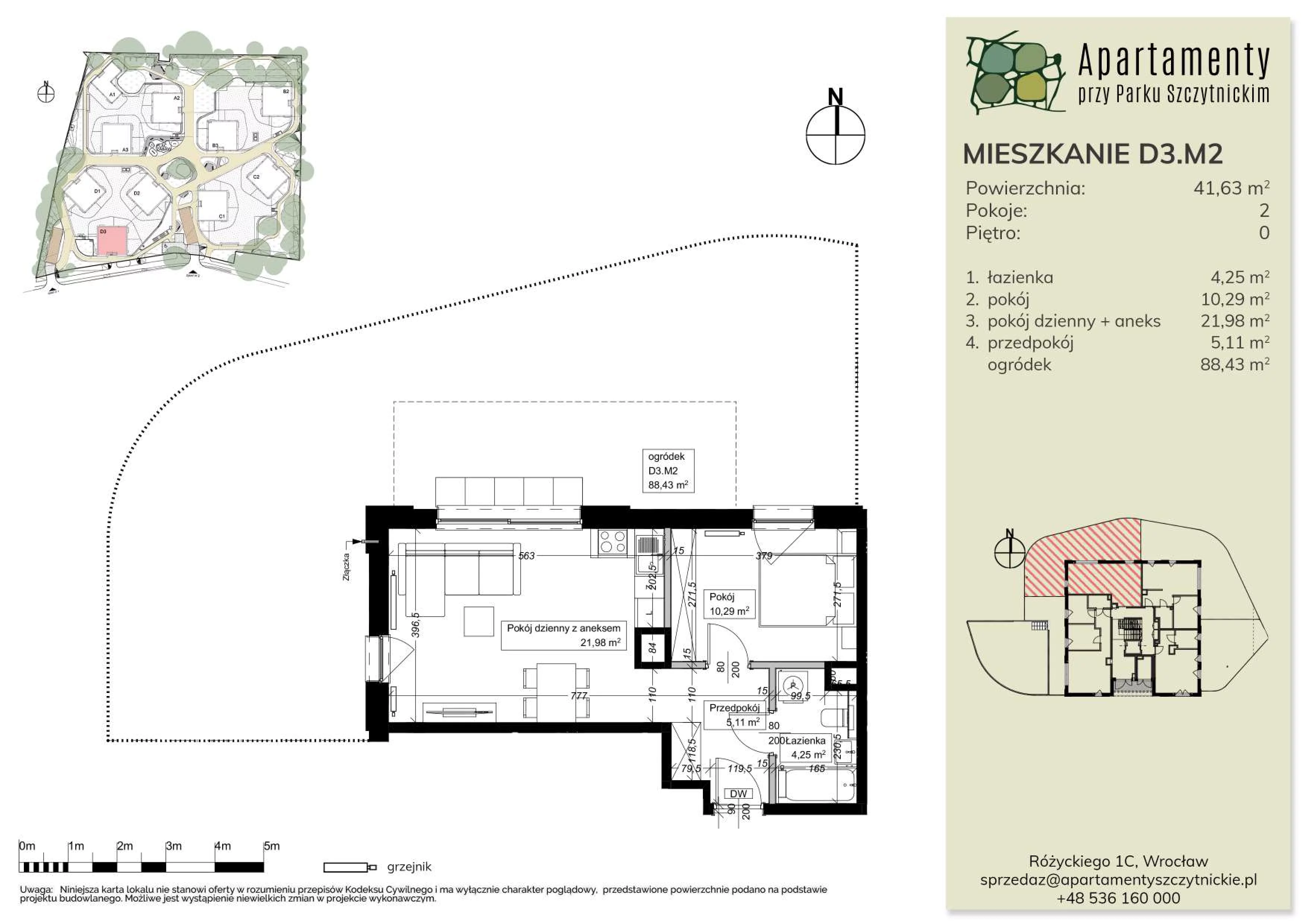 2 pokoje, mieszkanie 41,63 m², parter, oferta nr D3.M2, Apartamenty przy Parku Szczytnickim, Wrocław, Zacisze-Zalesie-Szczytniki, Zalesie, al. Ludomira Różyckiego 1C