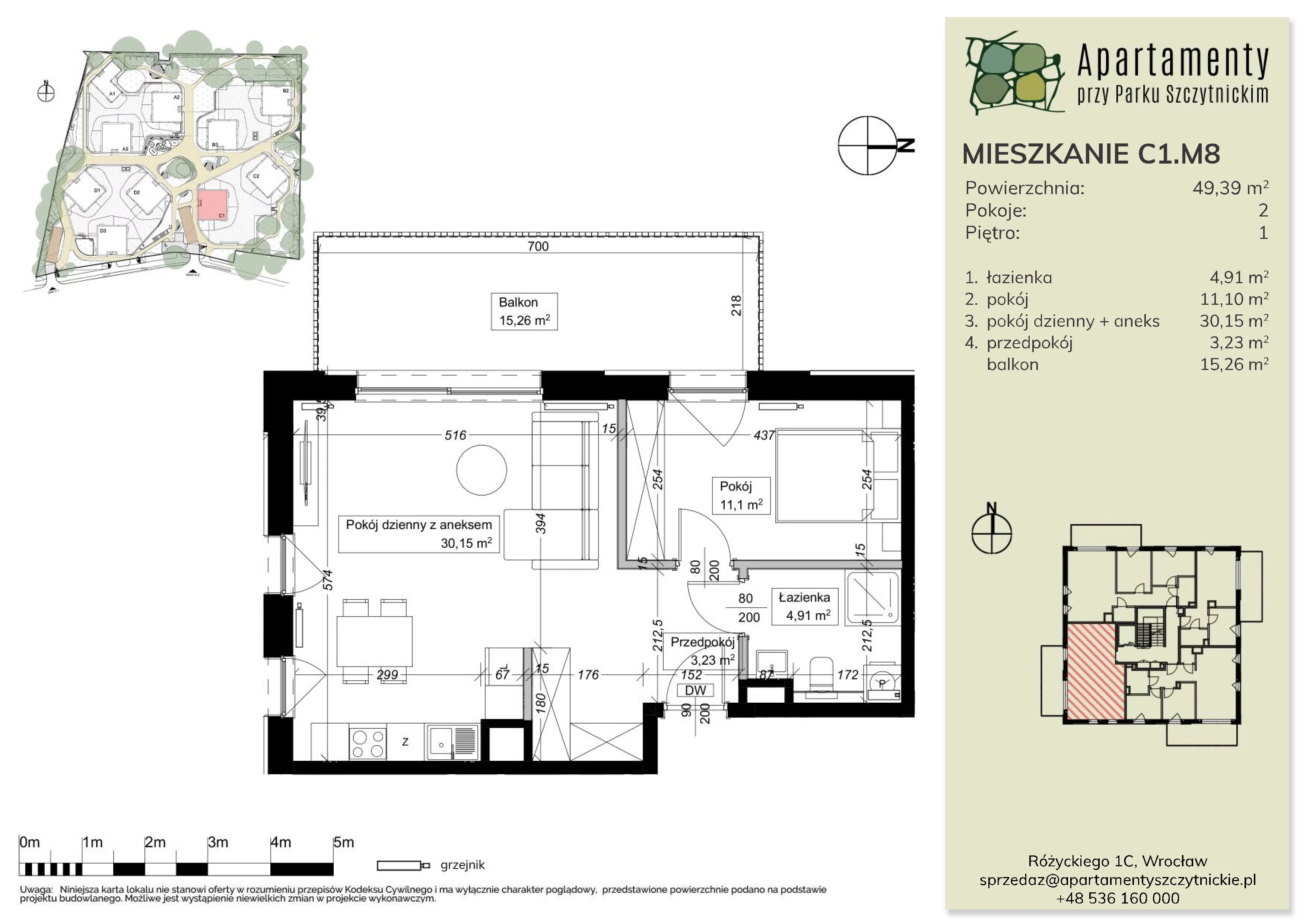 2 pokoje, mieszkanie 49,39 m², piętro 1, oferta nr C1.M8, Apartamenty przy Parku Szczytnickim, Wrocław, Zacisze-Zalesie-Szczytniki, Śródmieście, al. Ludomira Różyckiego 1C