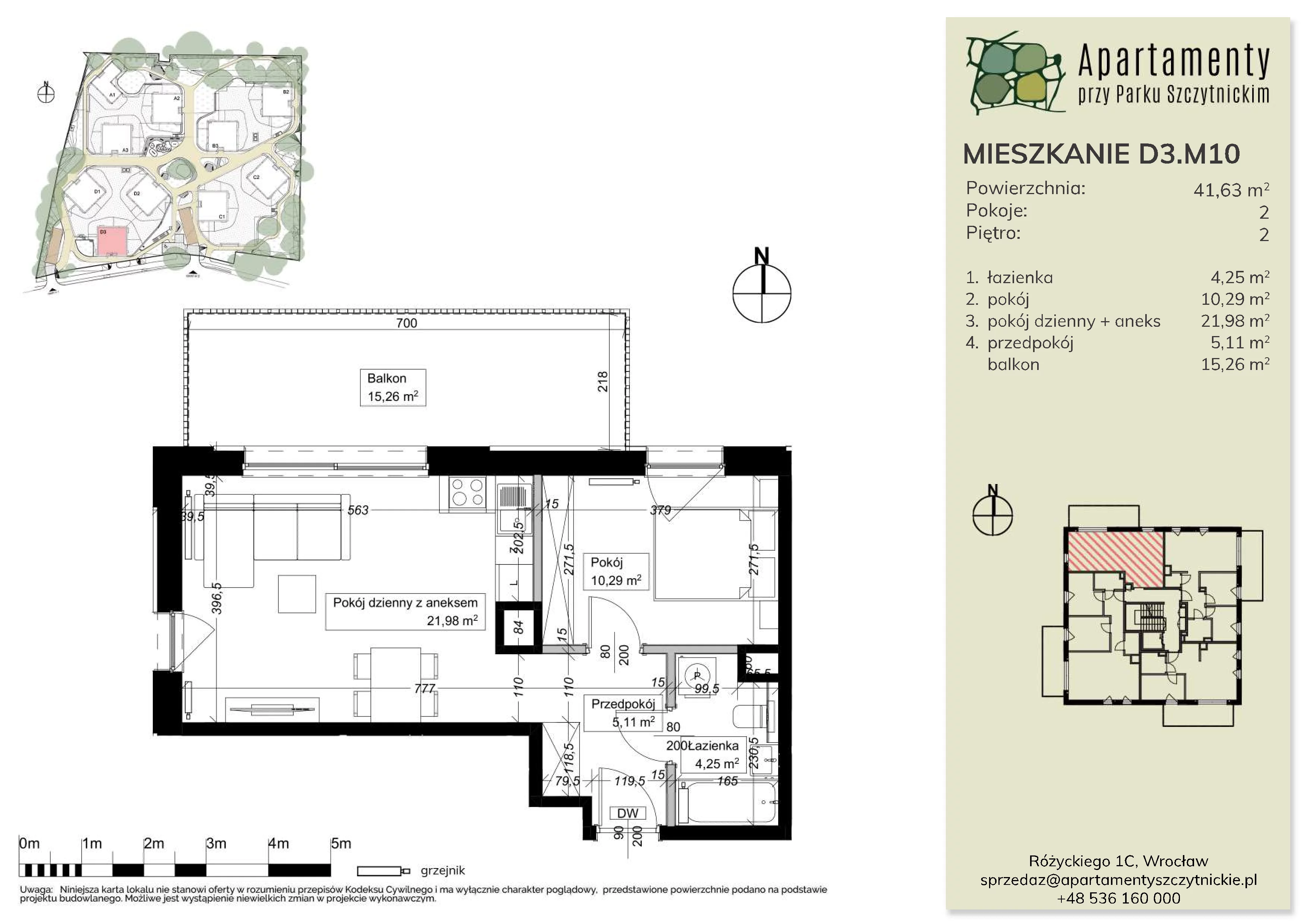 2 pokoje, mieszkanie 41,63 m², piętro 2, oferta nr D3.M10, Apartamenty przy Parku Szczytnickim, Wrocław, Zacisze-Zalesie-Szczytniki, Zalesie, al. Ludomira Różyckiego 1C