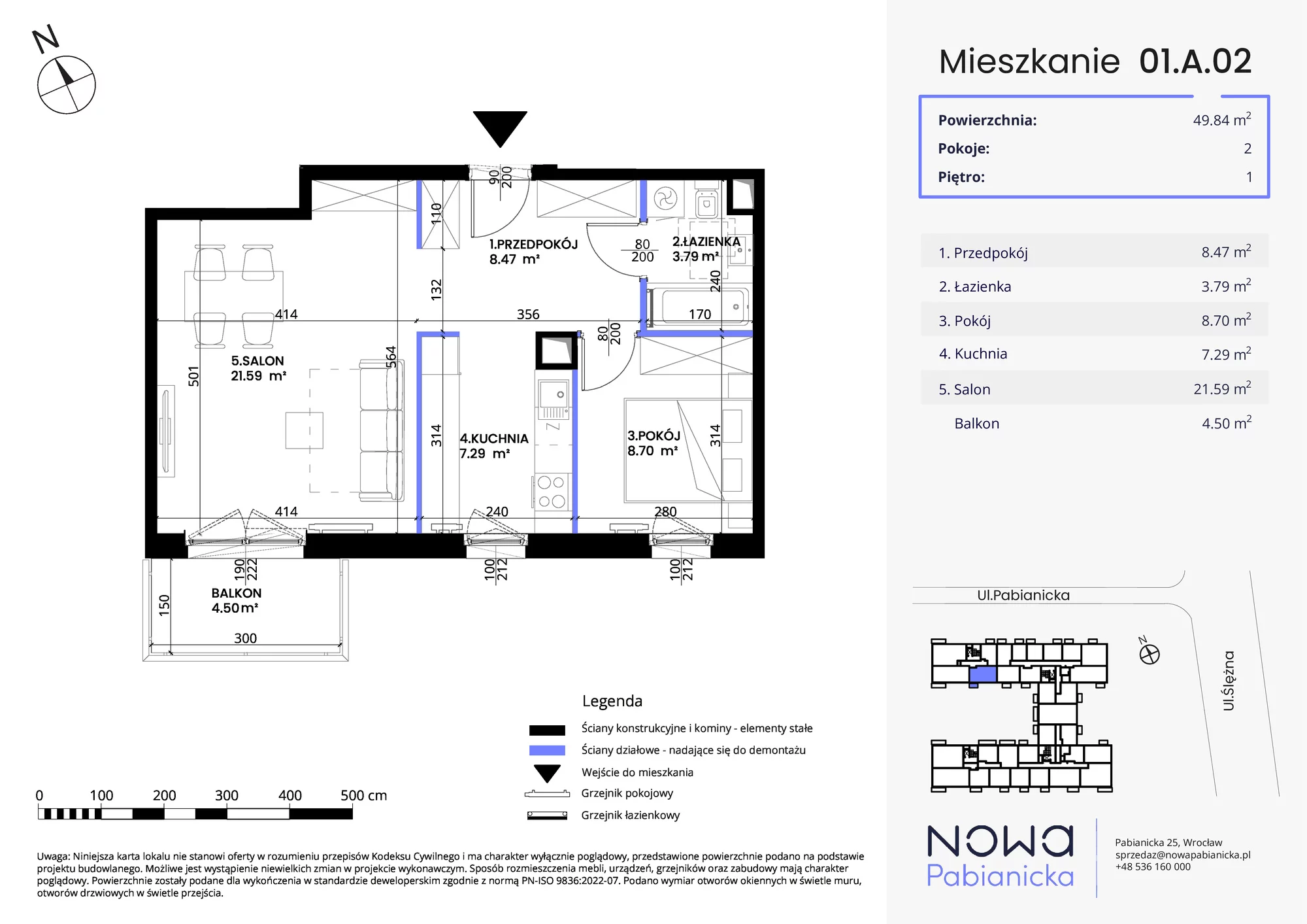 Mieszkanie 49,84 m², piętro 1, oferta nr 01.A.02, Nowa Pabianicka, Wrocław, Krzyki-Partynice, Krzyki, ul. Pabianicka 25