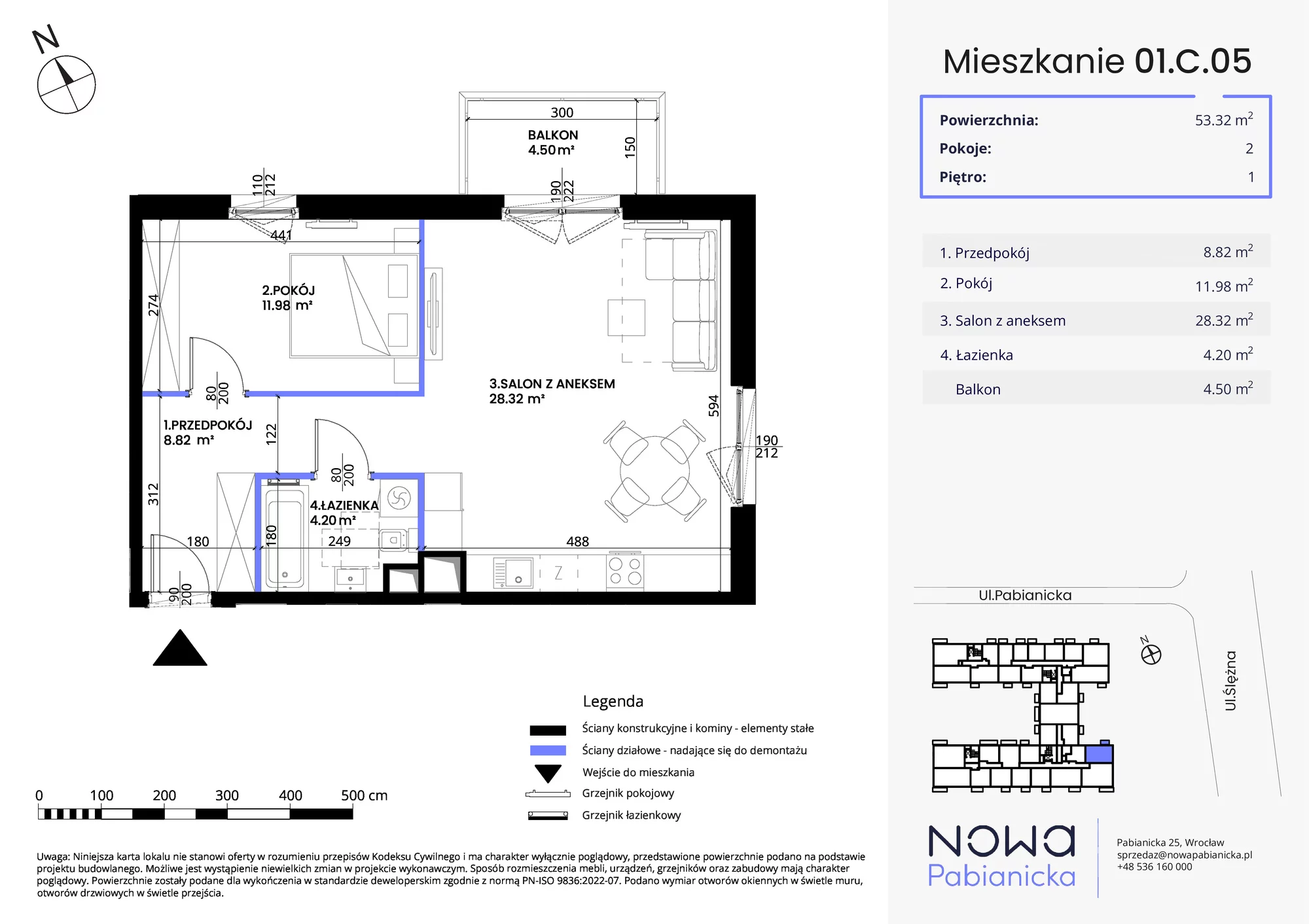 Mieszkanie 53,32 m², piętro 1, oferta nr 01.C.05, Nowa Pabianicka, Wrocław, Krzyki-Partynice, Krzyki, ul. Pabianicka 25