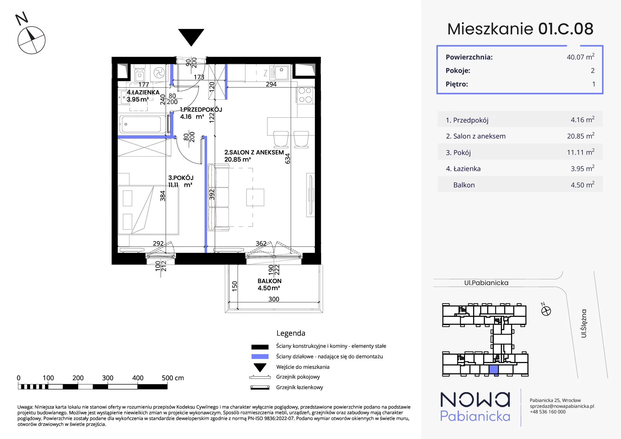 Mieszkanie 40,07 m², piętro 1, oferta nr 01.C.08, Nowa Pabianicka, Wrocław, Krzyki-Partynice, Krzyki, ul. Pabianicka 25