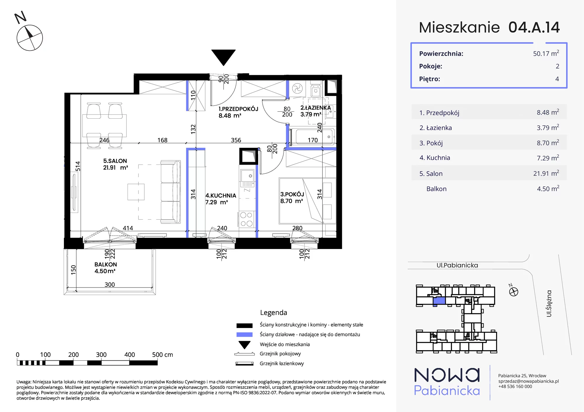 Mieszkanie 50,17 m², piętro 4, oferta nr 04.A.14, Nowa Pabianicka, Wrocław, Krzyki-Partynice, Krzyki, ul. Pabianicka 25