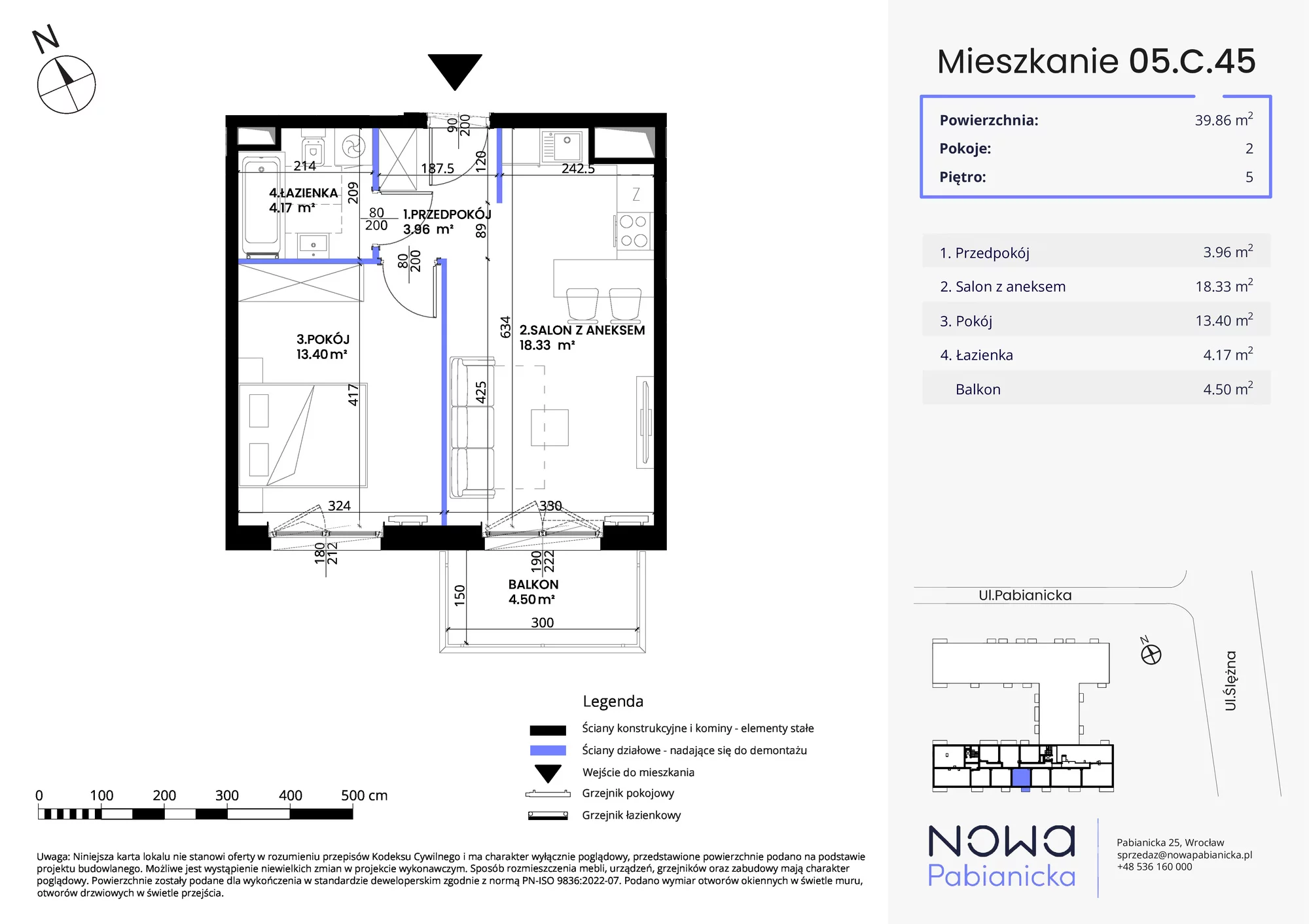 Mieszkanie 39,86 m², piętro 5, oferta nr 05.C.45, Nowa Pabianicka, Wrocław, Krzyki-Partynice, Krzyki, ul. Pabianicka 25