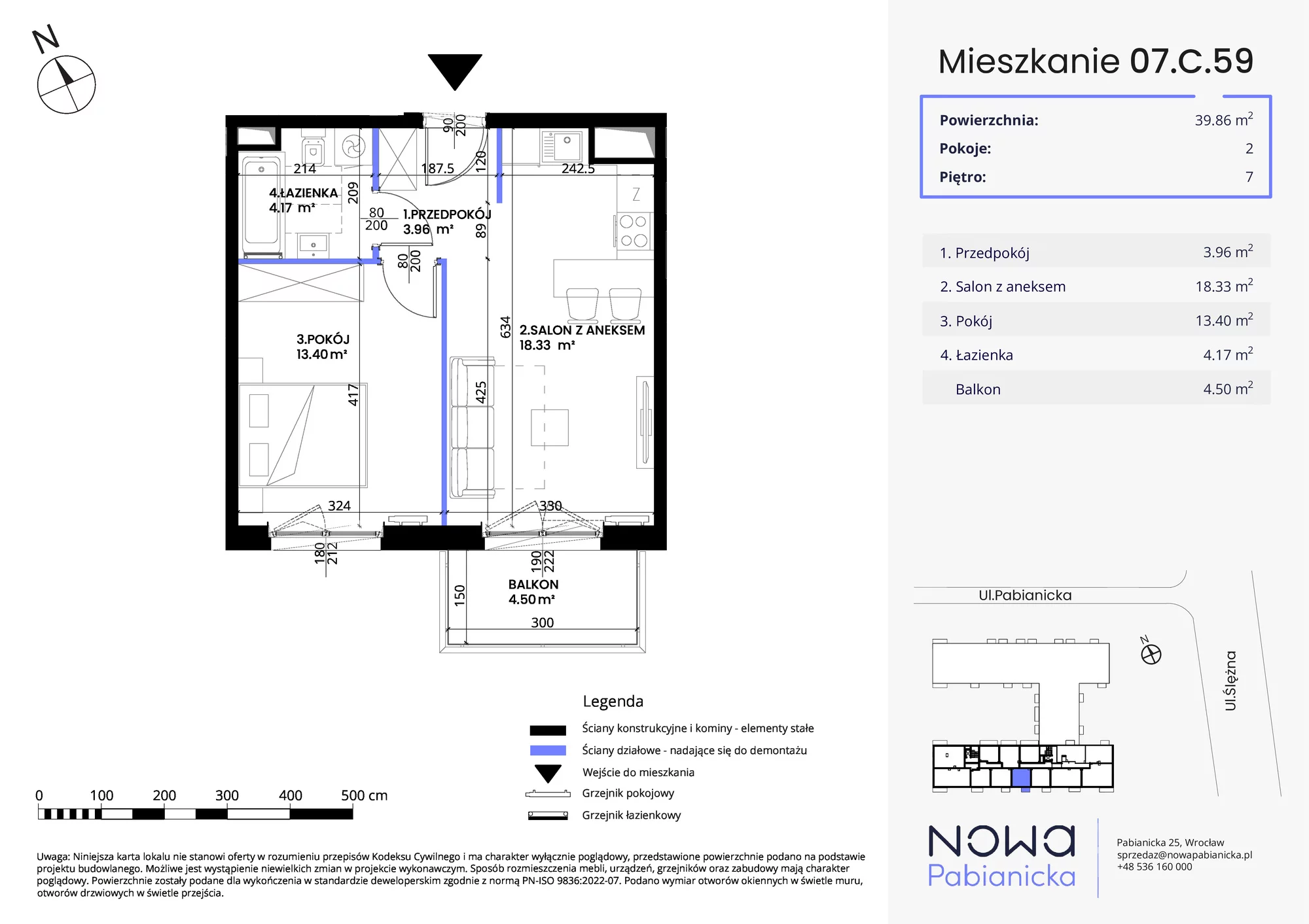 Mieszkanie 39,86 m², piętro 7, oferta nr 07.C.59, Nowa Pabianicka, Wrocław, Krzyki-Partynice, Krzyki, ul. Pabianicka 25