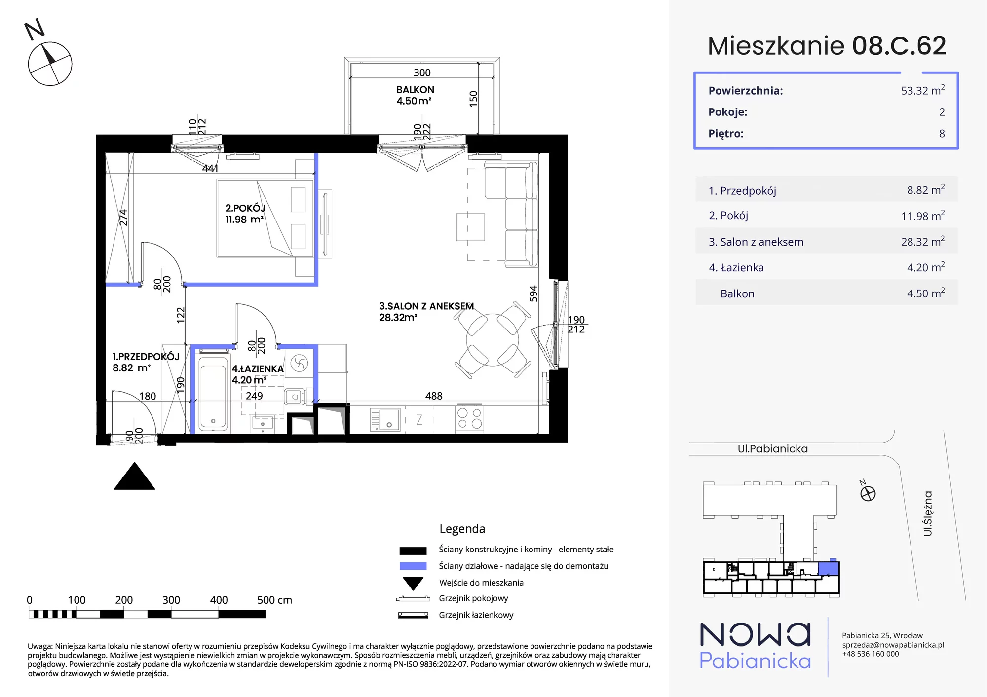 Mieszkanie 53,32 m², piętro 8, oferta nr 08.C.62, Nowa Pabianicka, Wrocław, Krzyki-Partynice, Krzyki, ul. Pabianicka 25