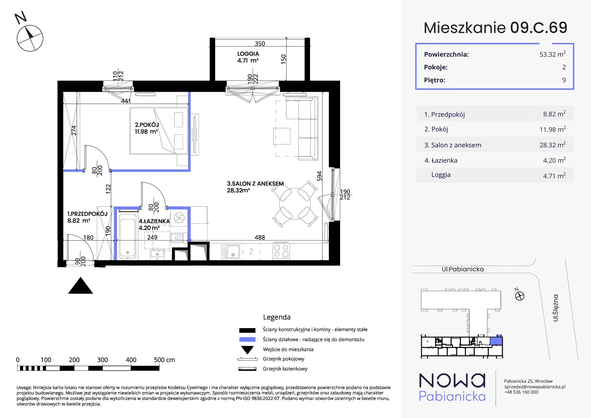 Mieszkanie 53,32 m², piętro 9, oferta nr 09.C.69, Nowa Pabianicka, Wrocław, Krzyki-Partynice, Krzyki, ul. Pabianicka 25