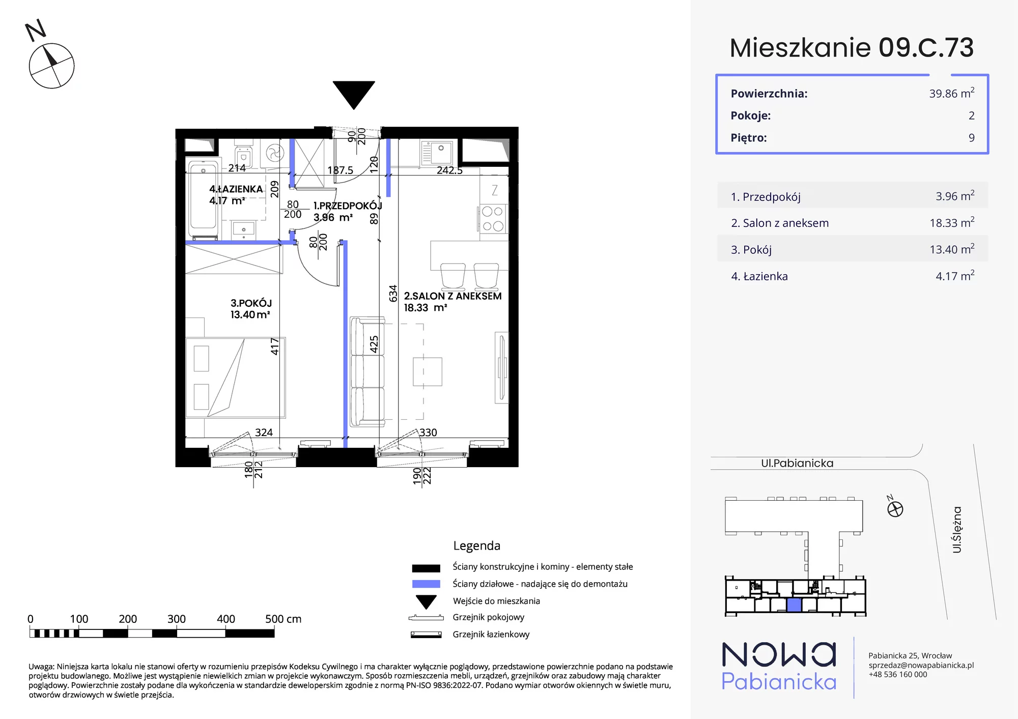 Mieszkanie 39,86 m², piętro 9, oferta nr 09.C.73, Nowa Pabianicka, Wrocław, Krzyki-Partynice, Krzyki, ul. Pabianicka 25