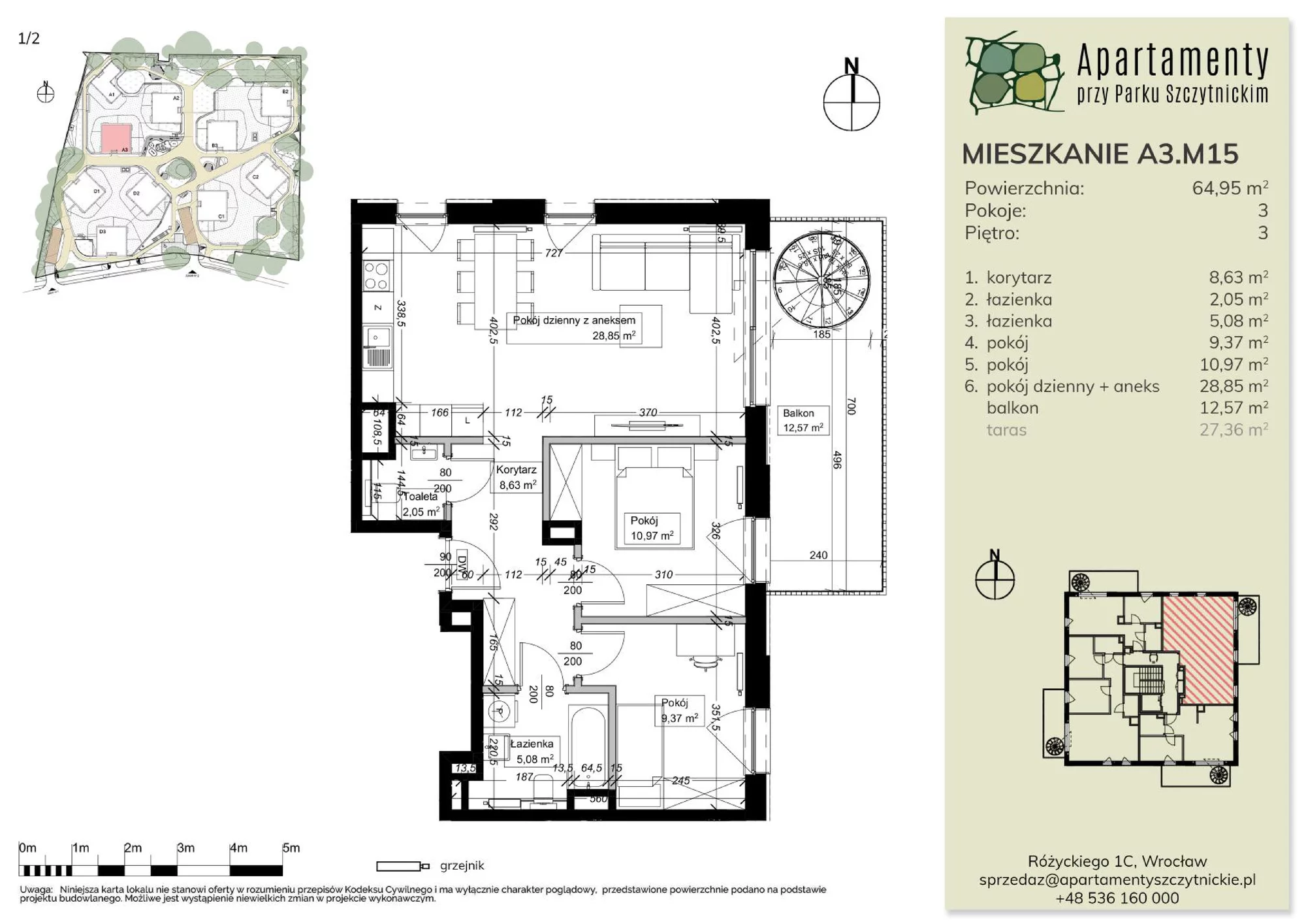 Mieszkanie 64,97 m², piętro 3, oferta nr A3.M15, Apartamenty przy Parku Szczytnickim, Wrocław, Zacisze-Zalesie-Szczytniki, Śródmieście, al. Ludomira Różyckiego 1C