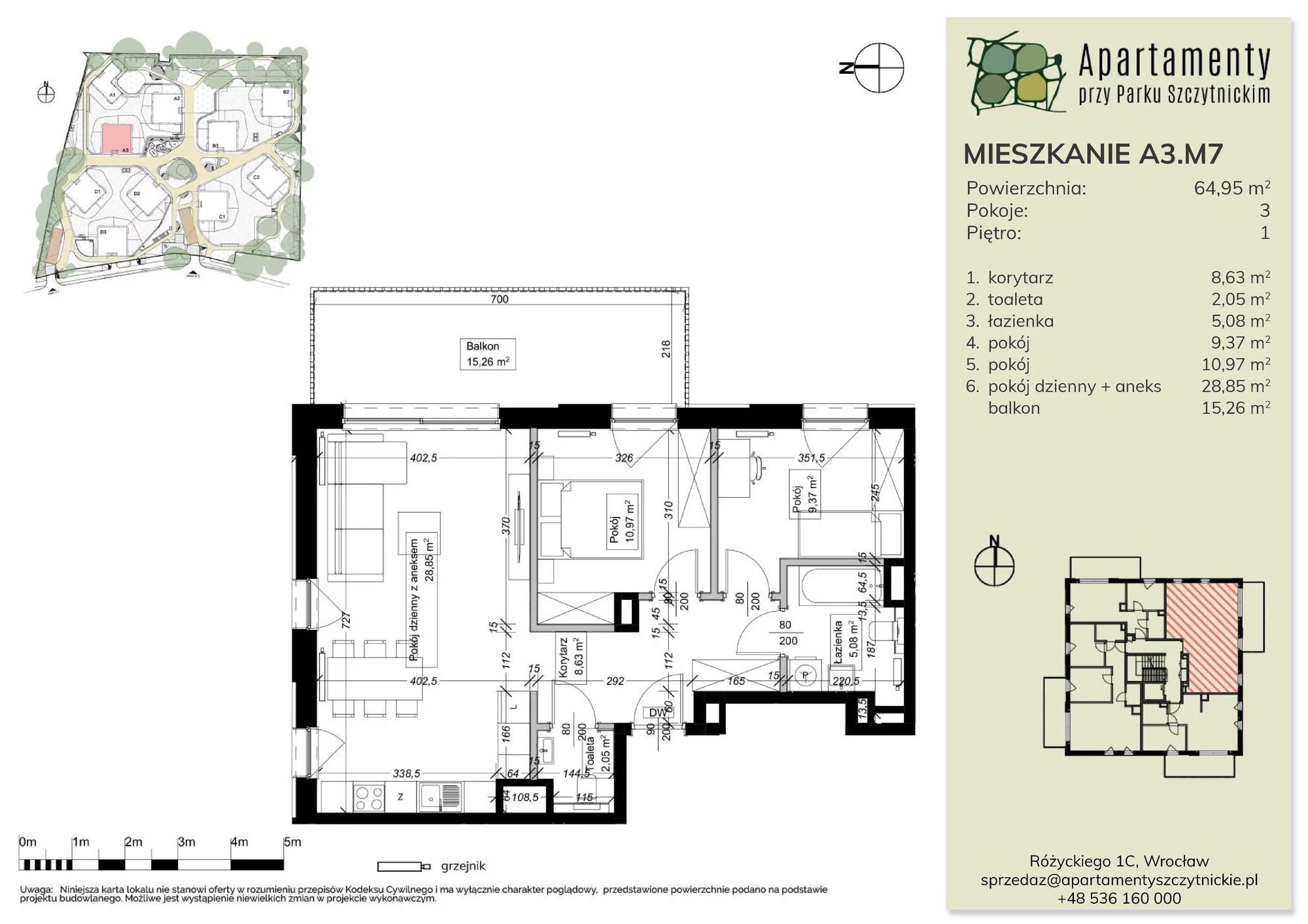 Mieszkanie 65,11 m², piętro 1, oferta nr A3.M7, Apartamenty przy Parku Szczytnickim, Wrocław, Zacisze-Zalesie-Szczytniki, Śródmieście, al. Ludomira Różyckiego 1C