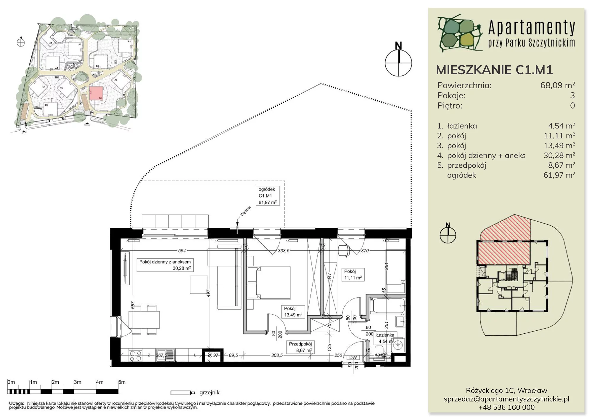 Mieszkanie 68,00 m², parter, oferta nr C1.M1, Apartamenty przy Parku Szczytnickim, Wrocław, Zacisze-Zalesie-Szczytniki, Śródmieście, al. Ludomira Różyckiego 1C