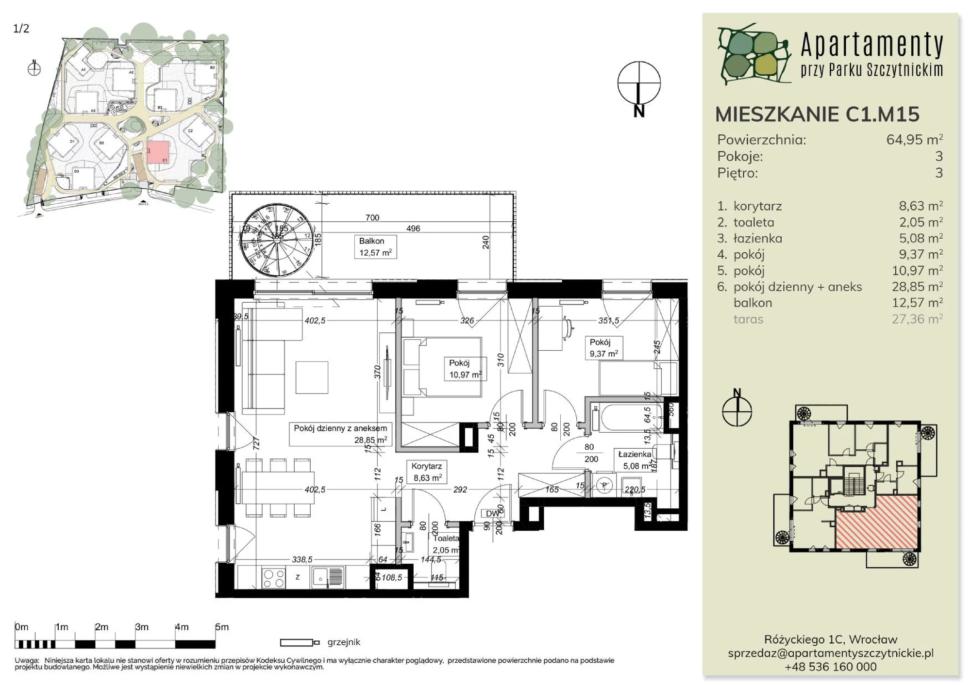 Mieszkanie 64,91 m², piętro 3, oferta nr C1.M15, Apartamenty przy Parku Szczytnickim, Wrocław, Zacisze-Zalesie-Szczytniki, Śródmieście, al. Ludomira Różyckiego 1C