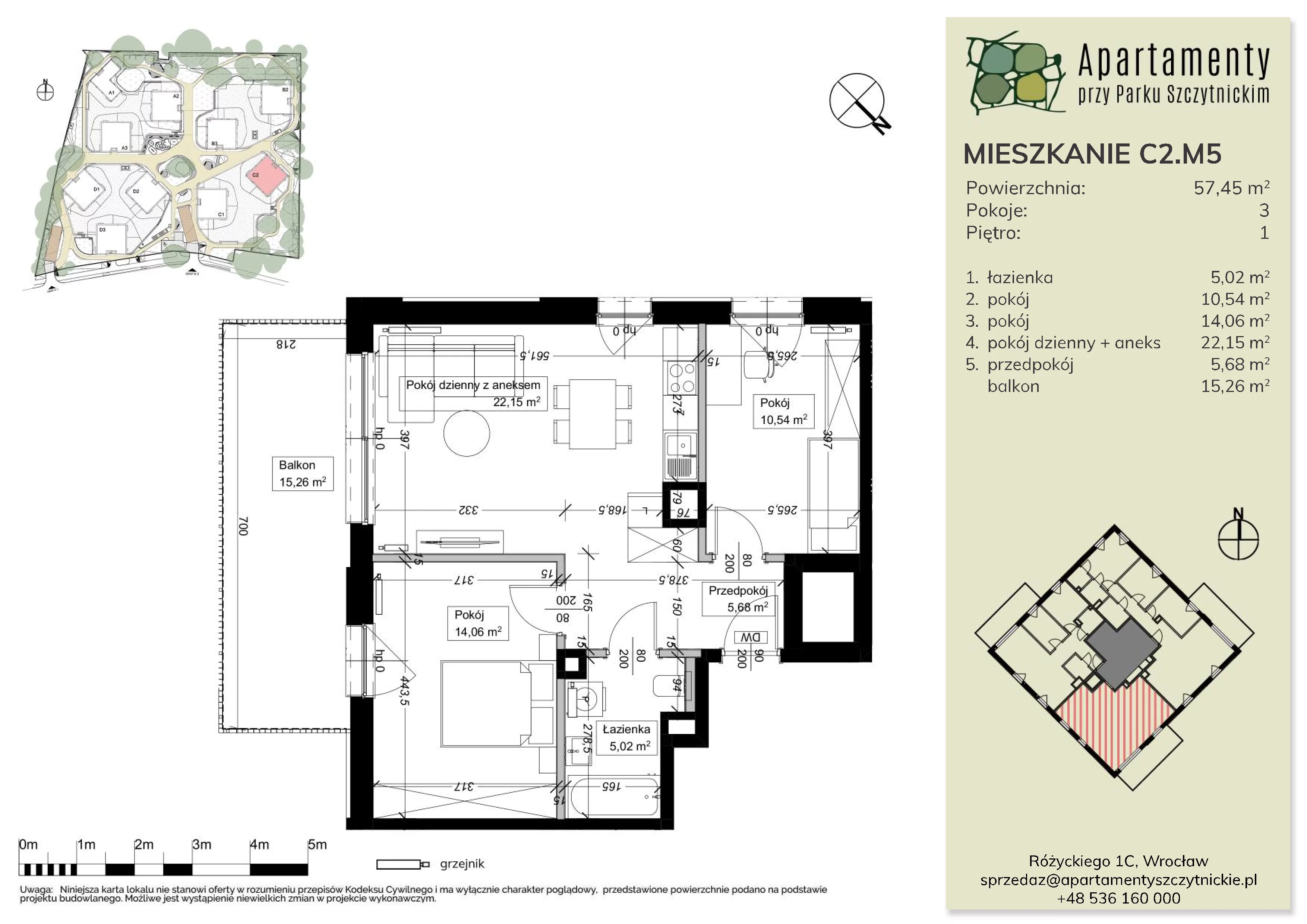 3 pokoje, apartament 57,47 m², piętro 1, oferta nr C2.M5, Apartamenty przy Parku Szczytnickim, Wrocław, Zacisze-Zalesie-Szczytniki, Śródmieście, al. Ludomira Różyckiego 1C