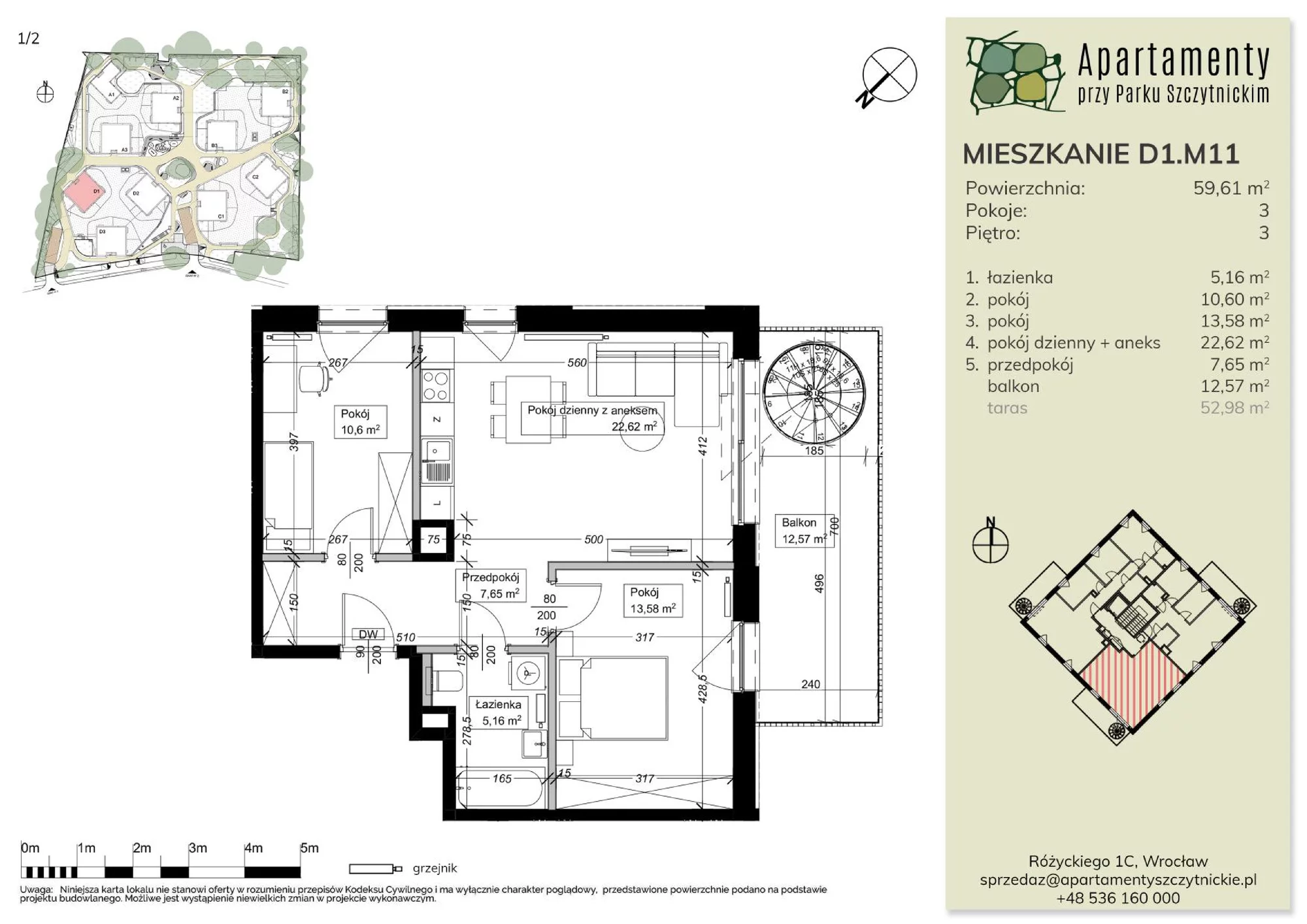 Mieszkanie 59,78 m², piętro 3, oferta nr D1.M11, Apartamenty przy Parku Szczytnickim, Wrocław, Zacisze-Zalesie-Szczytniki, Śródmieście, al. Ludomira Różyckiego 1C