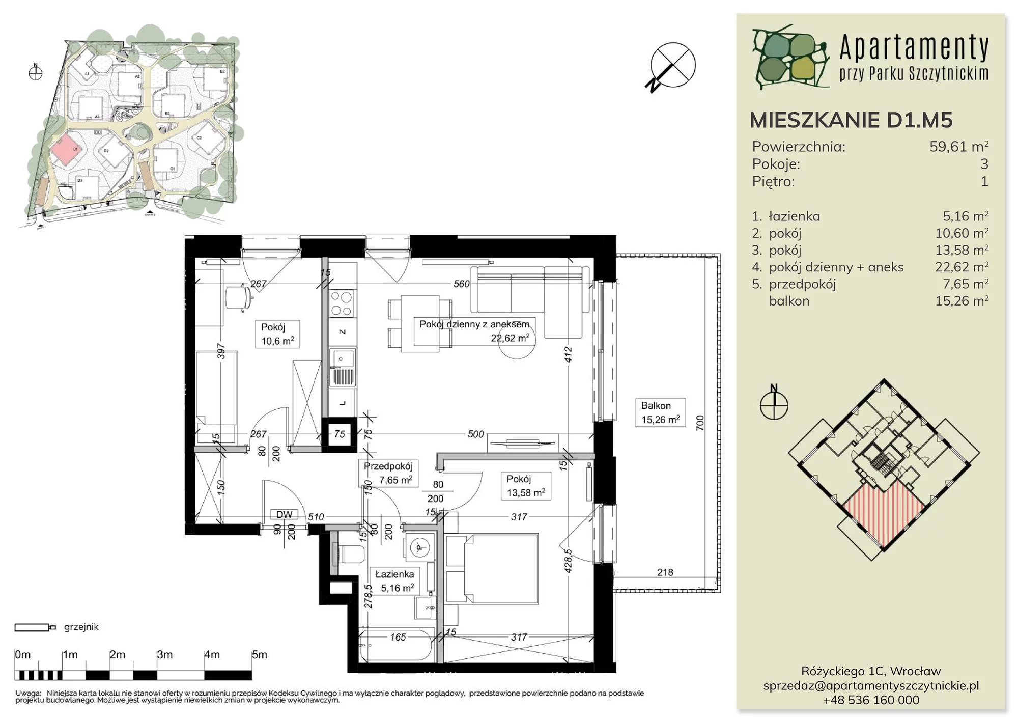 Mieszkanie 59,73 m², piętro 1, oferta nr D1.M5, Apartamenty przy Parku Szczytnickim, Wrocław, Zacisze-Zalesie-Szczytniki, Śródmieście, al. Ludomira Różyckiego 1C